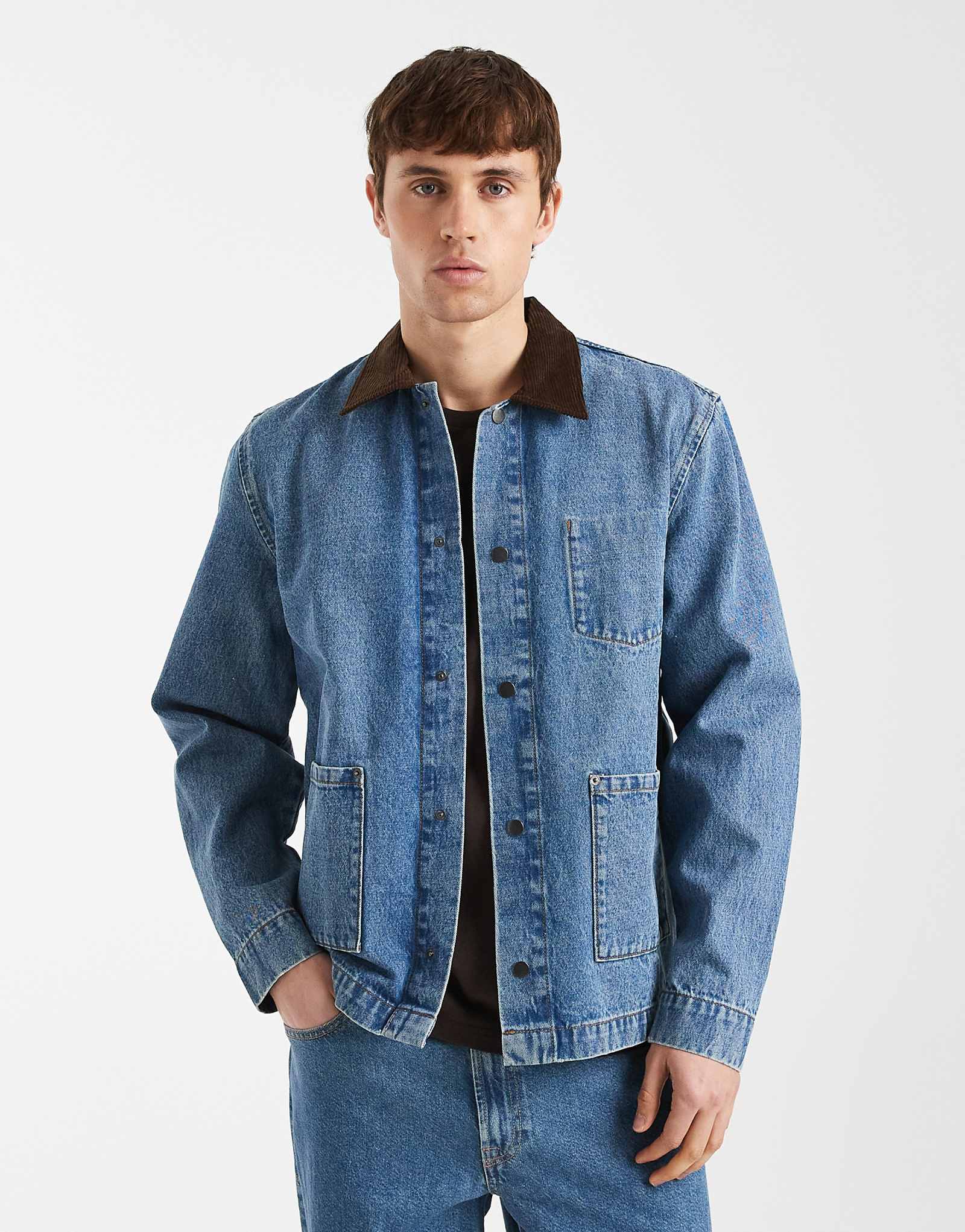 Redefined Rebel Wallace denim utility style jacket with contrast collar in mid blue mid blue 16890₽