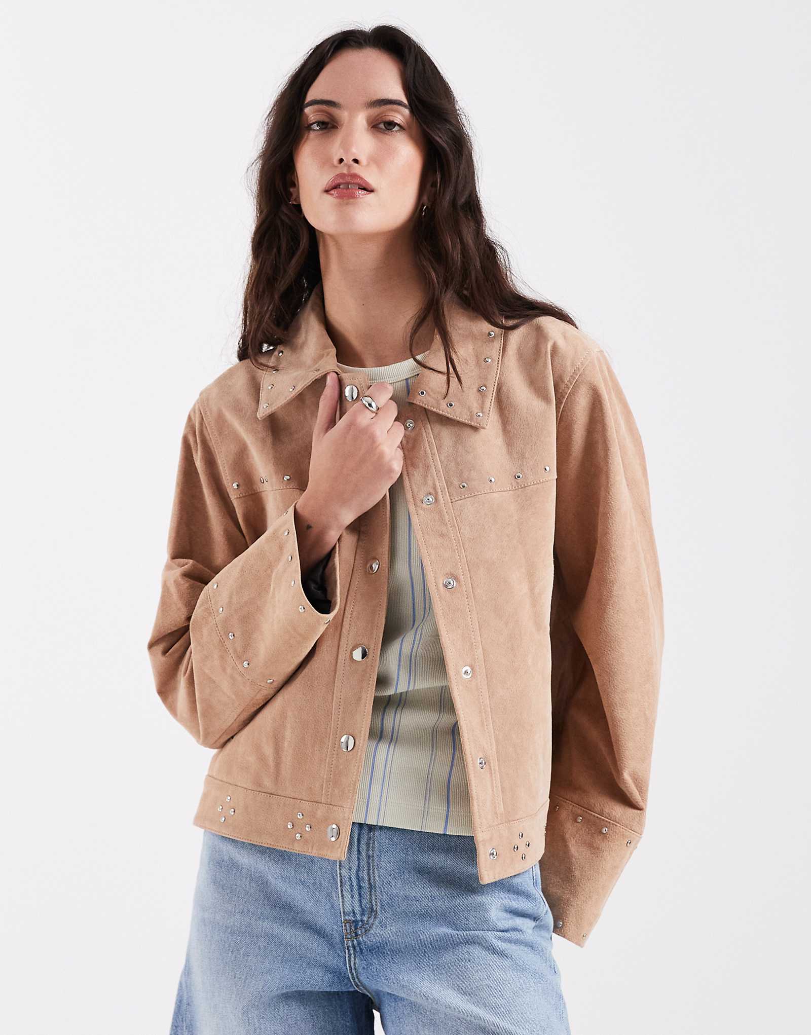 Laagam luana real suede button down jacket in taupe - part of a set taupe