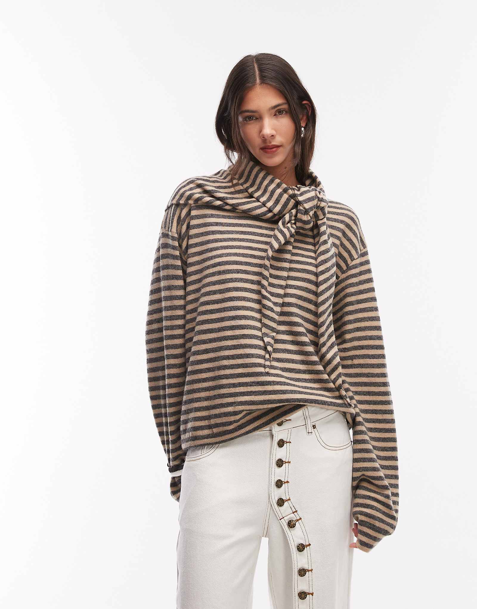 Lioness Olsen wool blend knit boxy long sleeve detachable scarf detail sweater in beige and slate stripes slate stripe