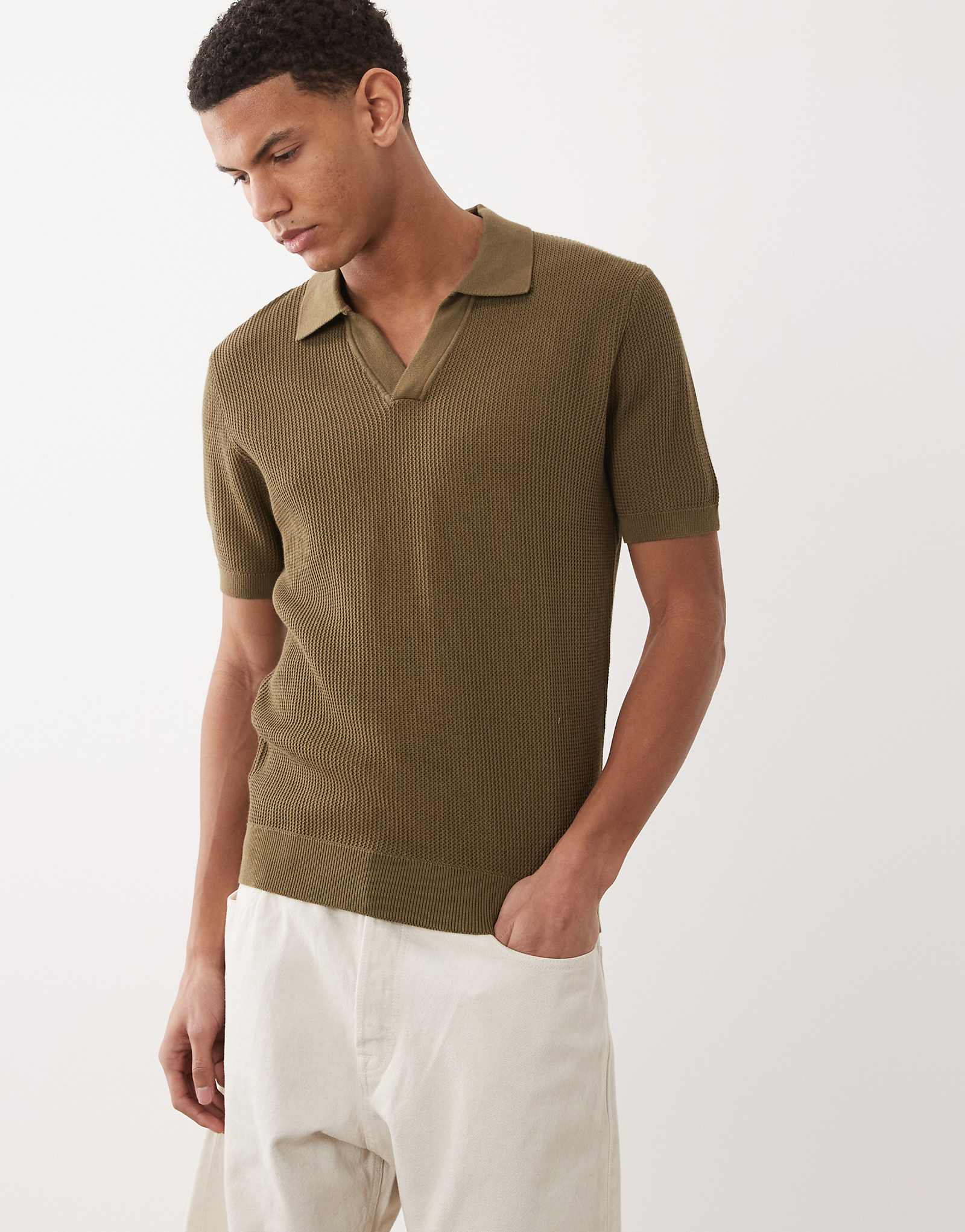 Mango 100 cotton knit camp collar short sleeve sweater in khaki khaki 13590₽