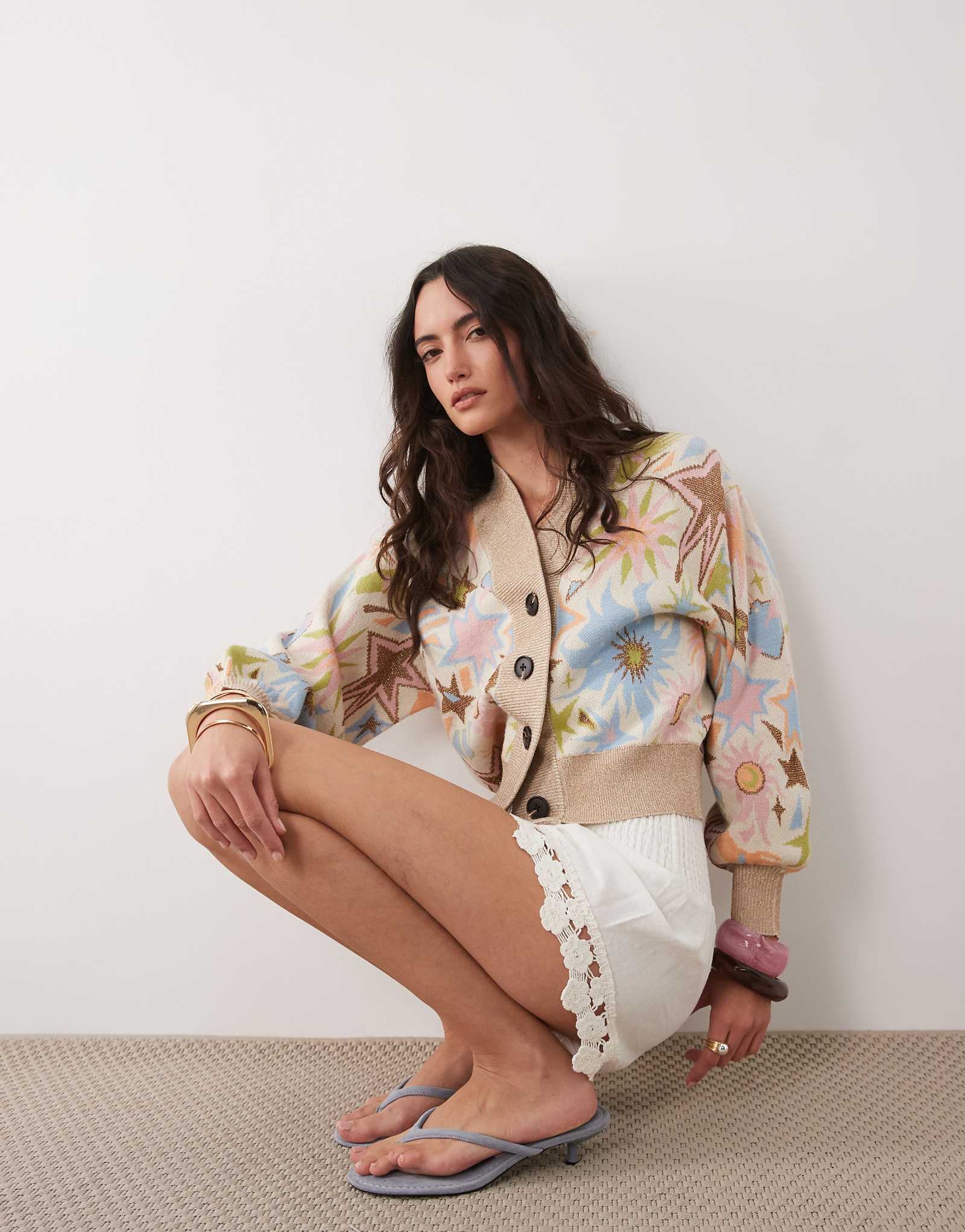 Never Fully Dressed knit bomber cardigan in jacquard glitter star pastel print multi 11990₽
