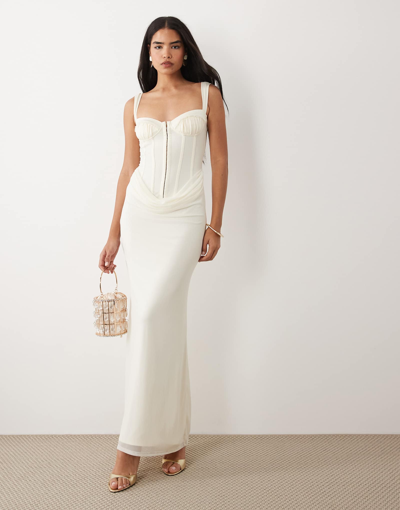 Tiger Mist Ginny sheer lace up corset thigh slit maxi dress in off white off-white 26890₽