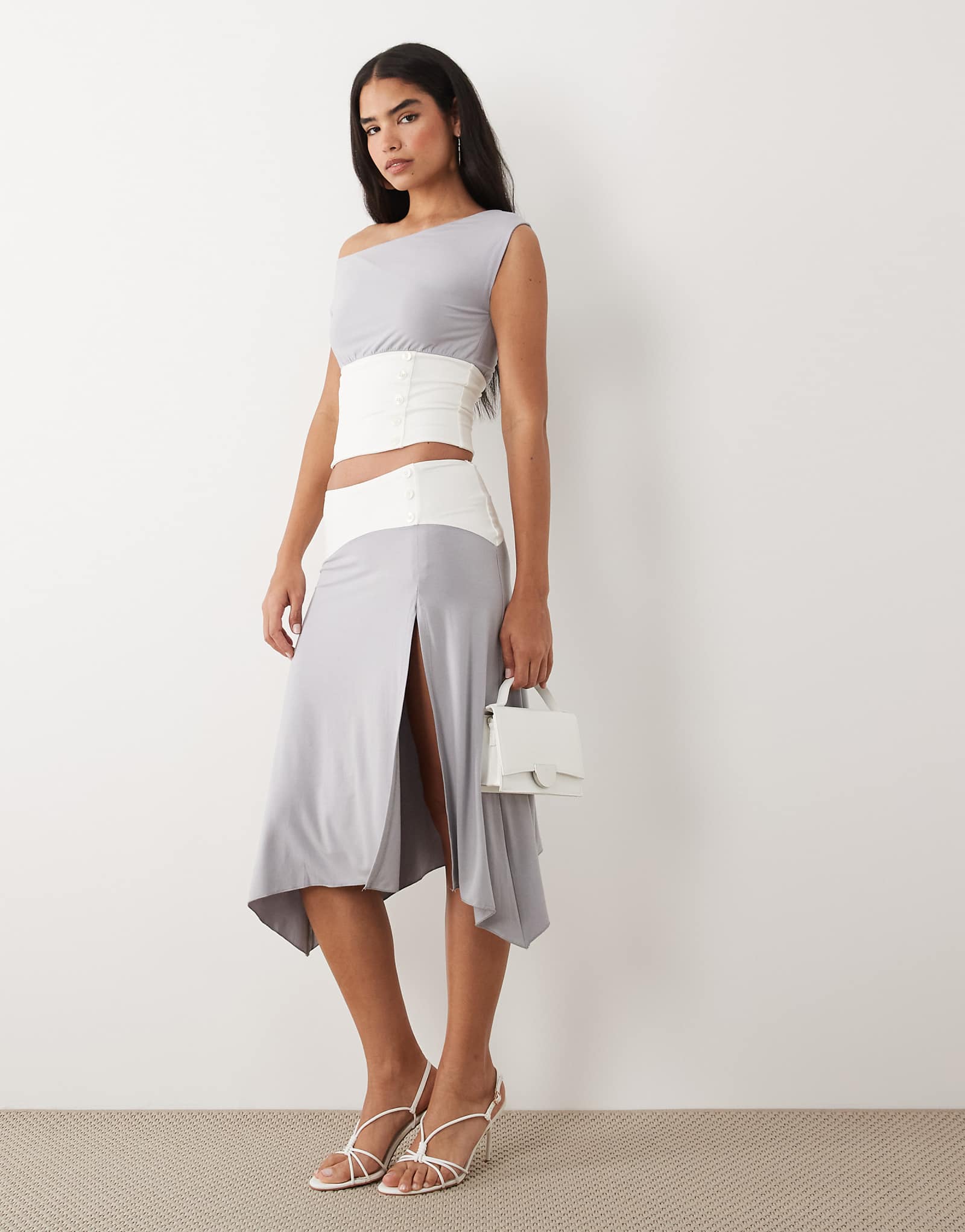 Tiger Mist Alyssa contrast button waist detail thigh slit midaxi skirt in gray and white - part of a set gray
