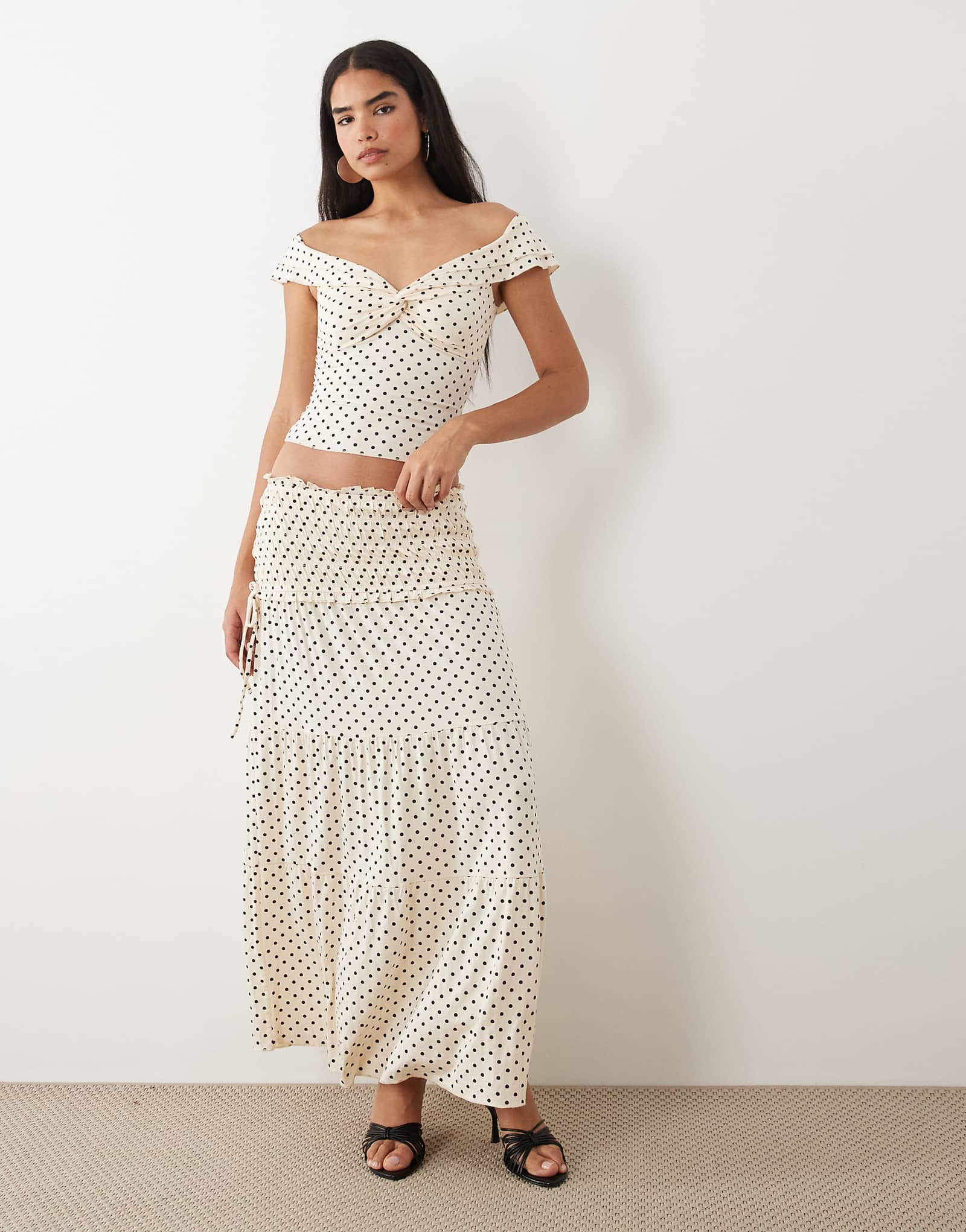 Tiger Mist Denali ruched drop waist maxi skirt in white polka dot - part of a set white polka