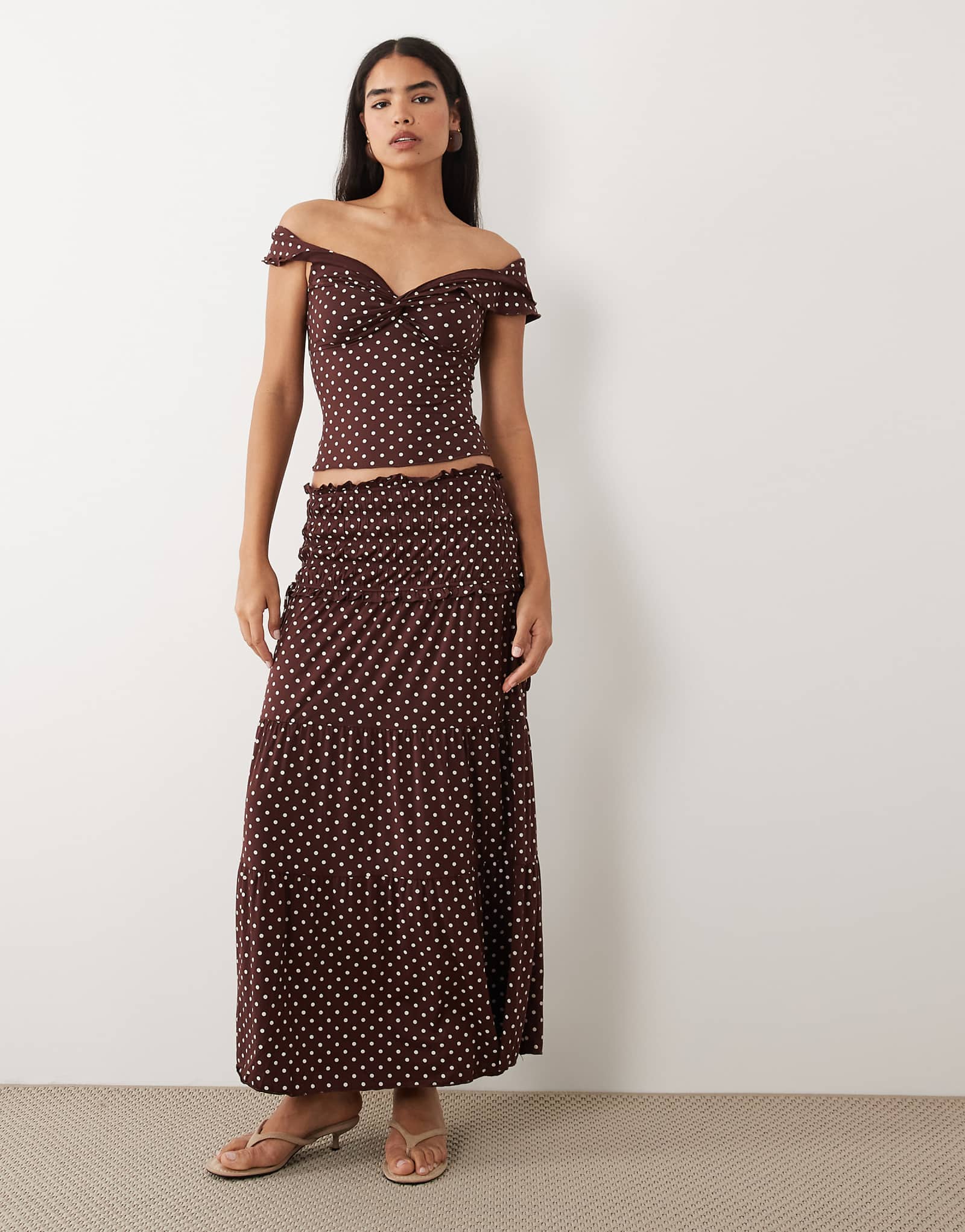 Tiger Mist Denali ruched drop waist maxi skirt in brown polka dot - part of a set choc polka