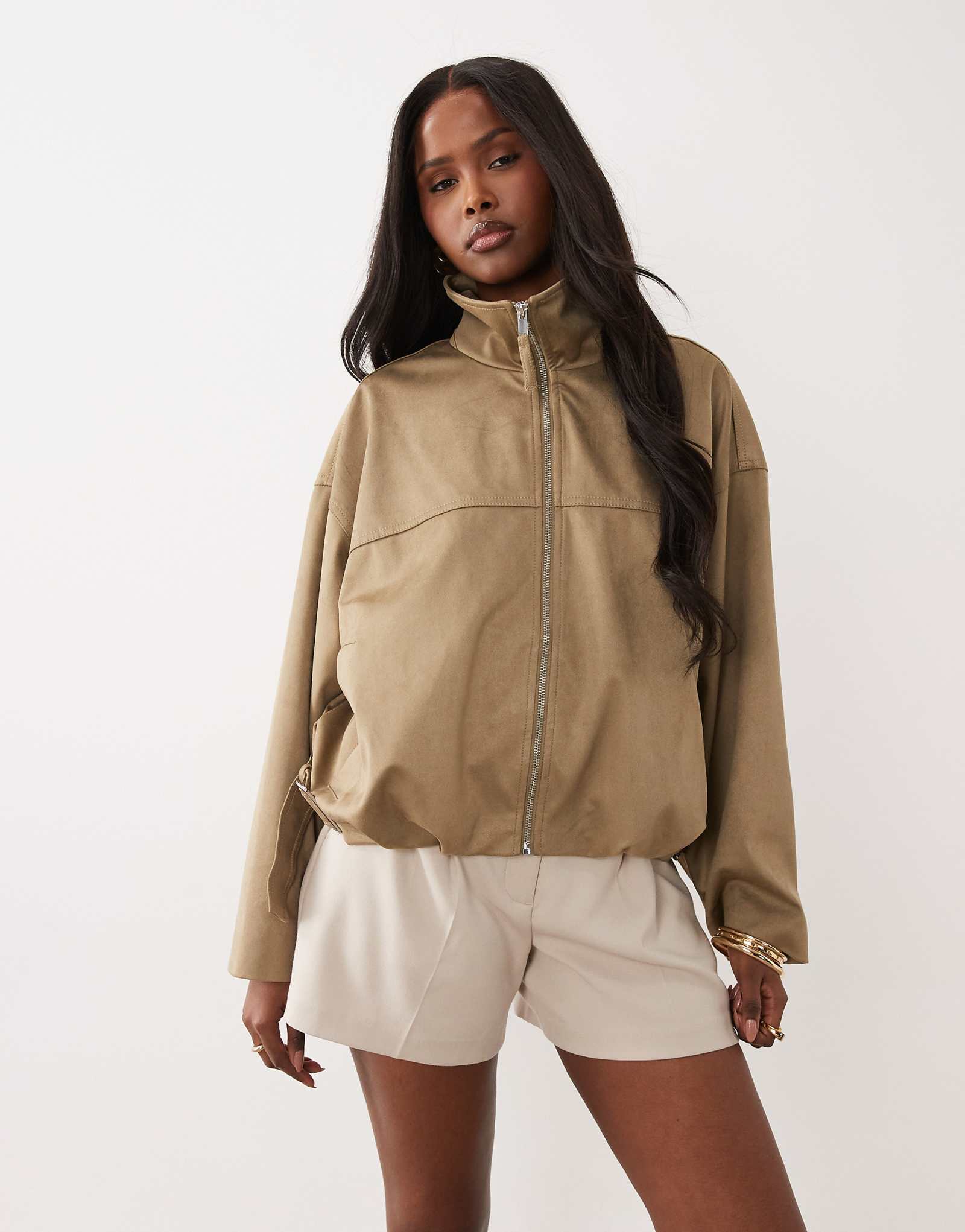 Gina Tricot faux suede high neck jacket in olive green olive green 23690₽