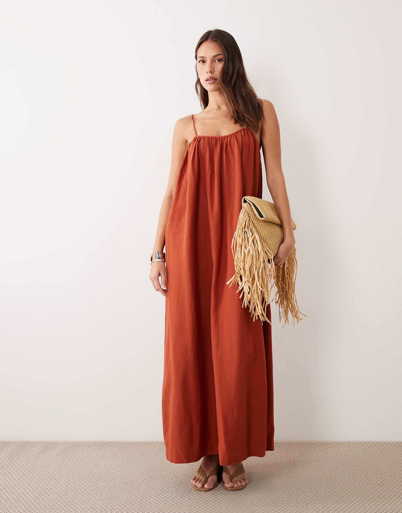 VILA linen touch cami maxi dress in burnt brick burnt brick 18190₽
