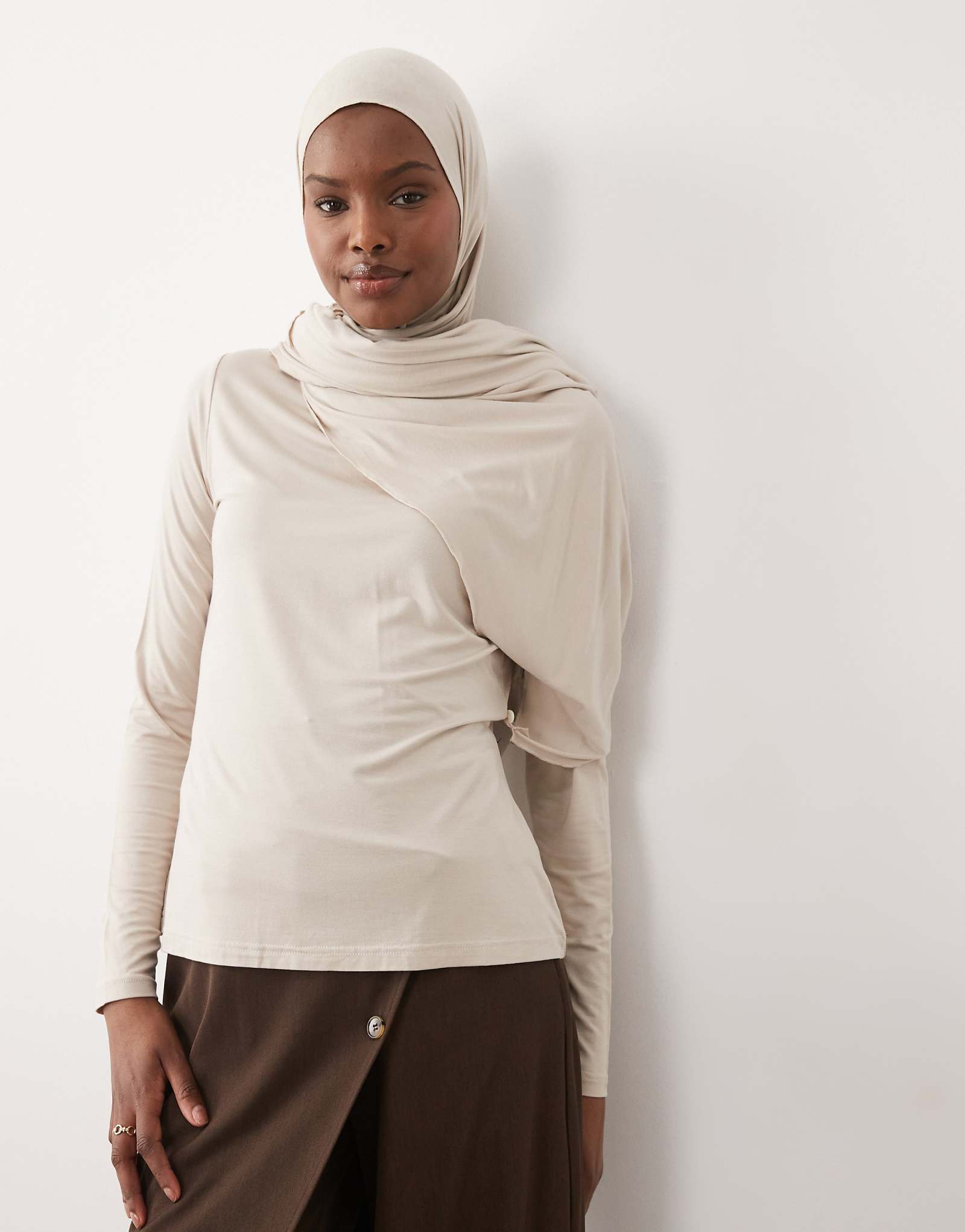 IYAL bamboo wrap cape detail top in beige mink