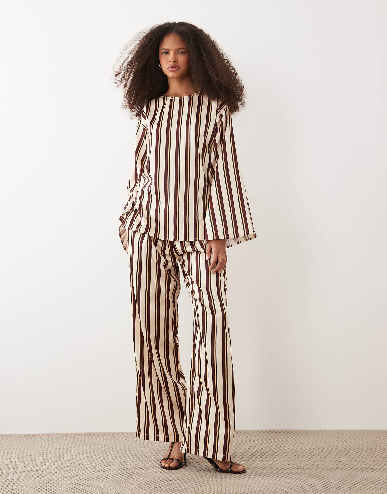 IYAL satin slim leg pants in brown stripe - part of a set multi