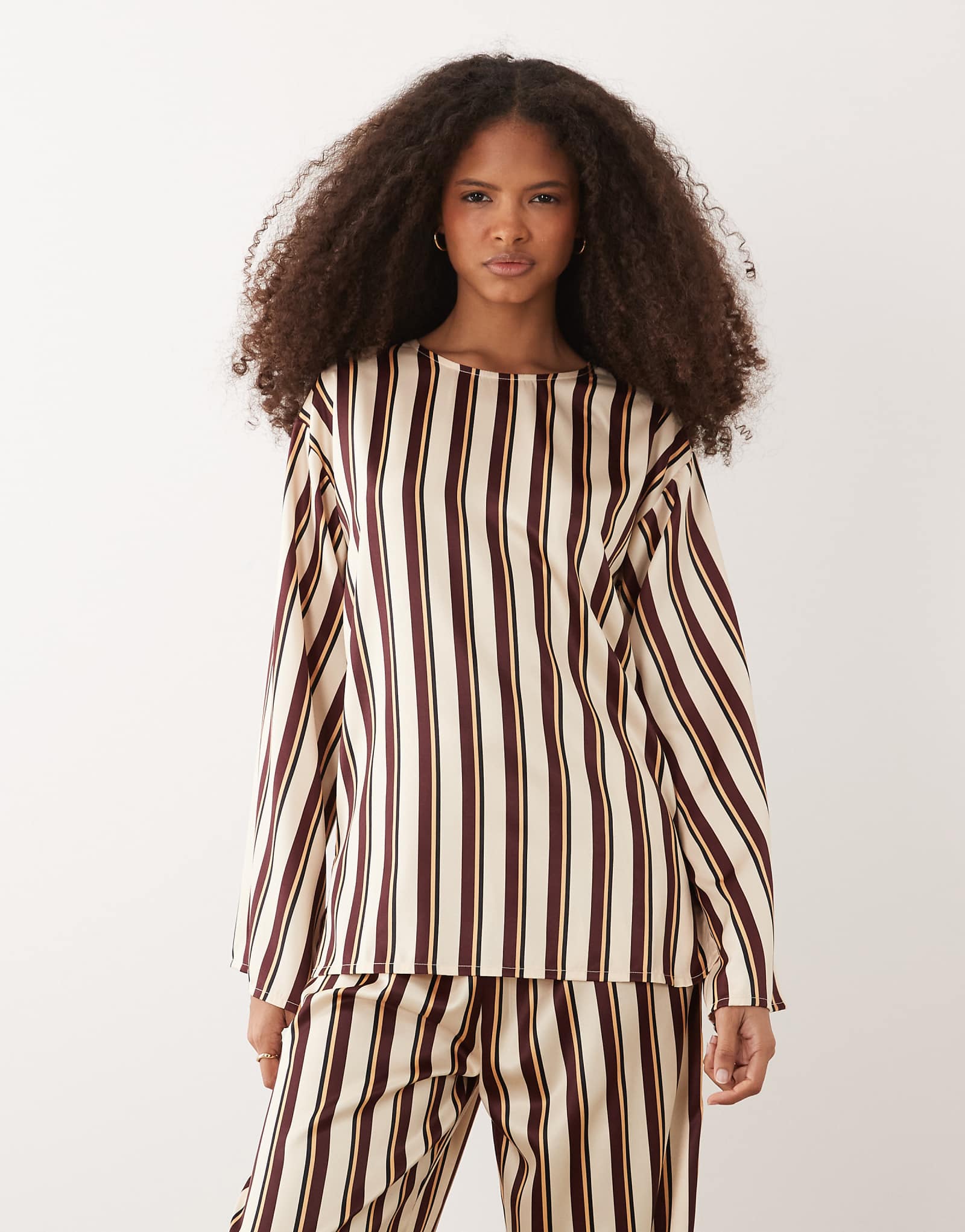 IYAL satin long sleeve top in brown stripe - part of a set multi 15090₽