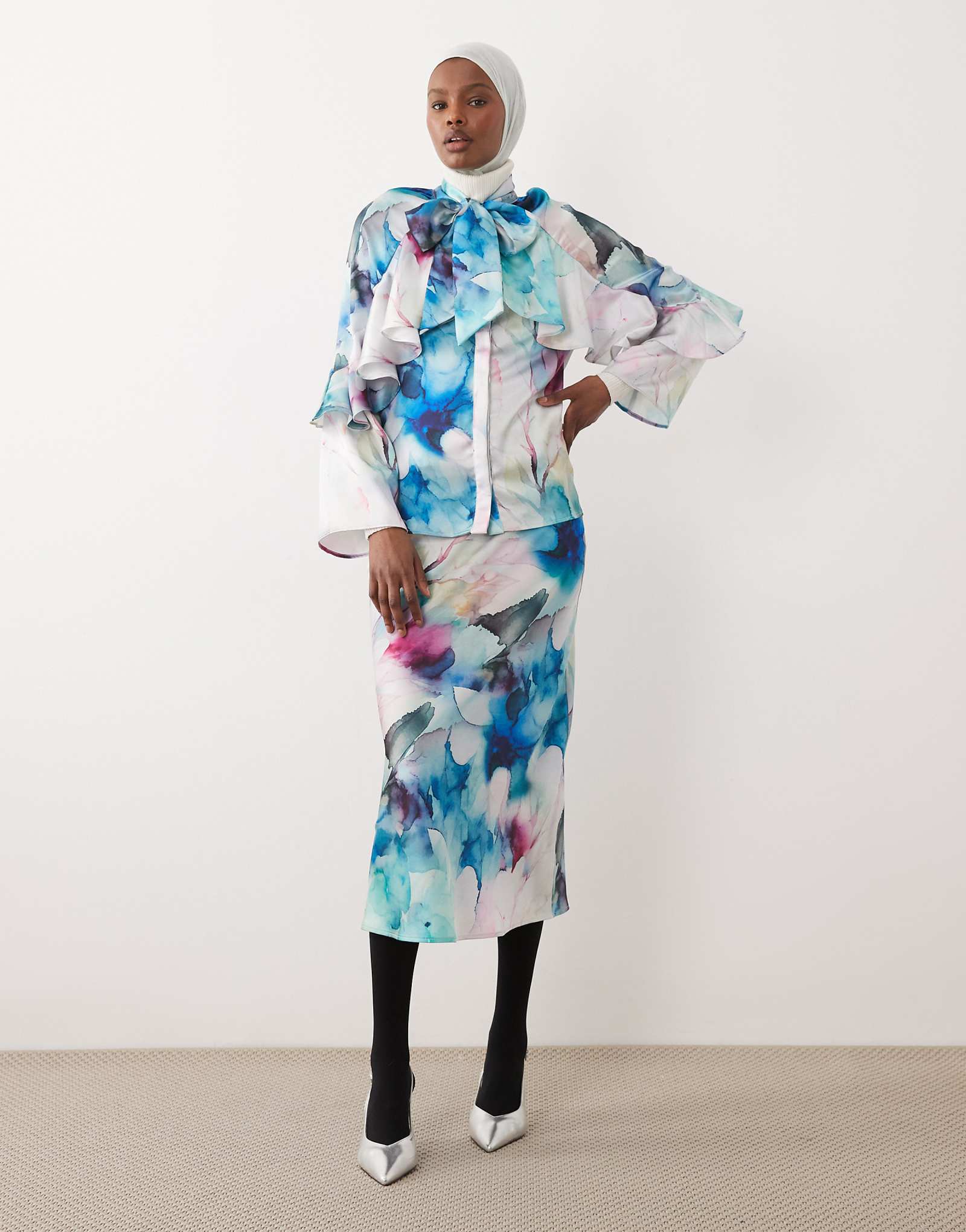 IYAL satin maxi skirt in watercolor floral print - part of a set multi