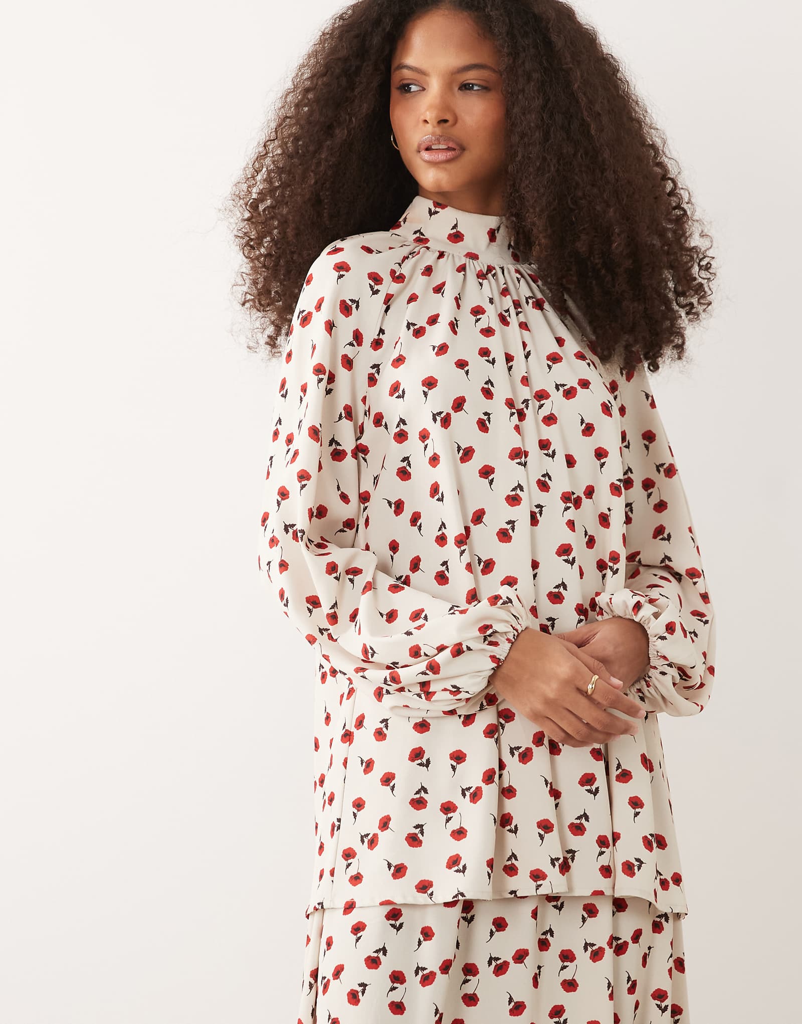 IYAL high neck fluted sleeve top in cream rose print - part of a set multi