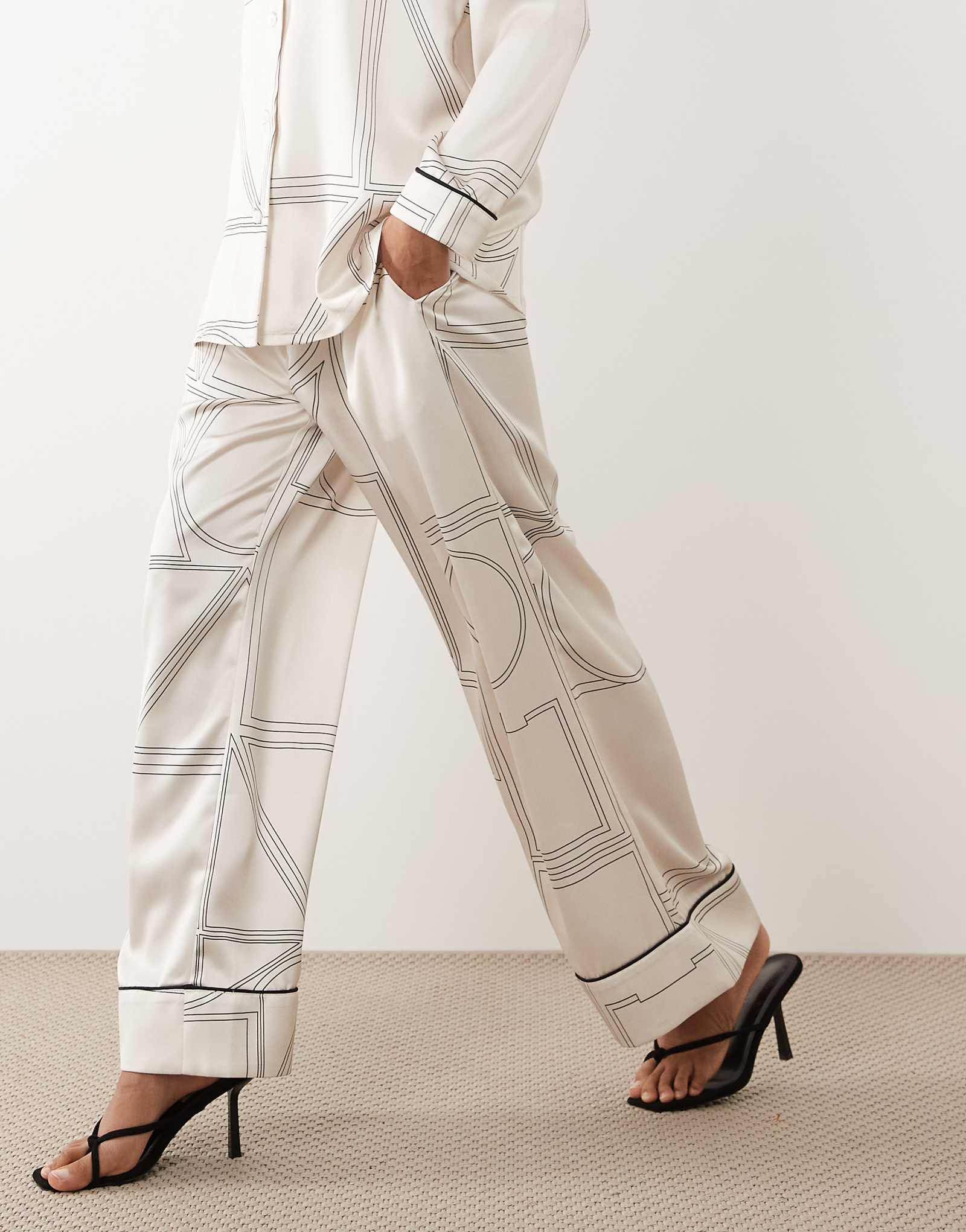 IYAL pajama pants with contrast piping in cream geo print - part of a set cream