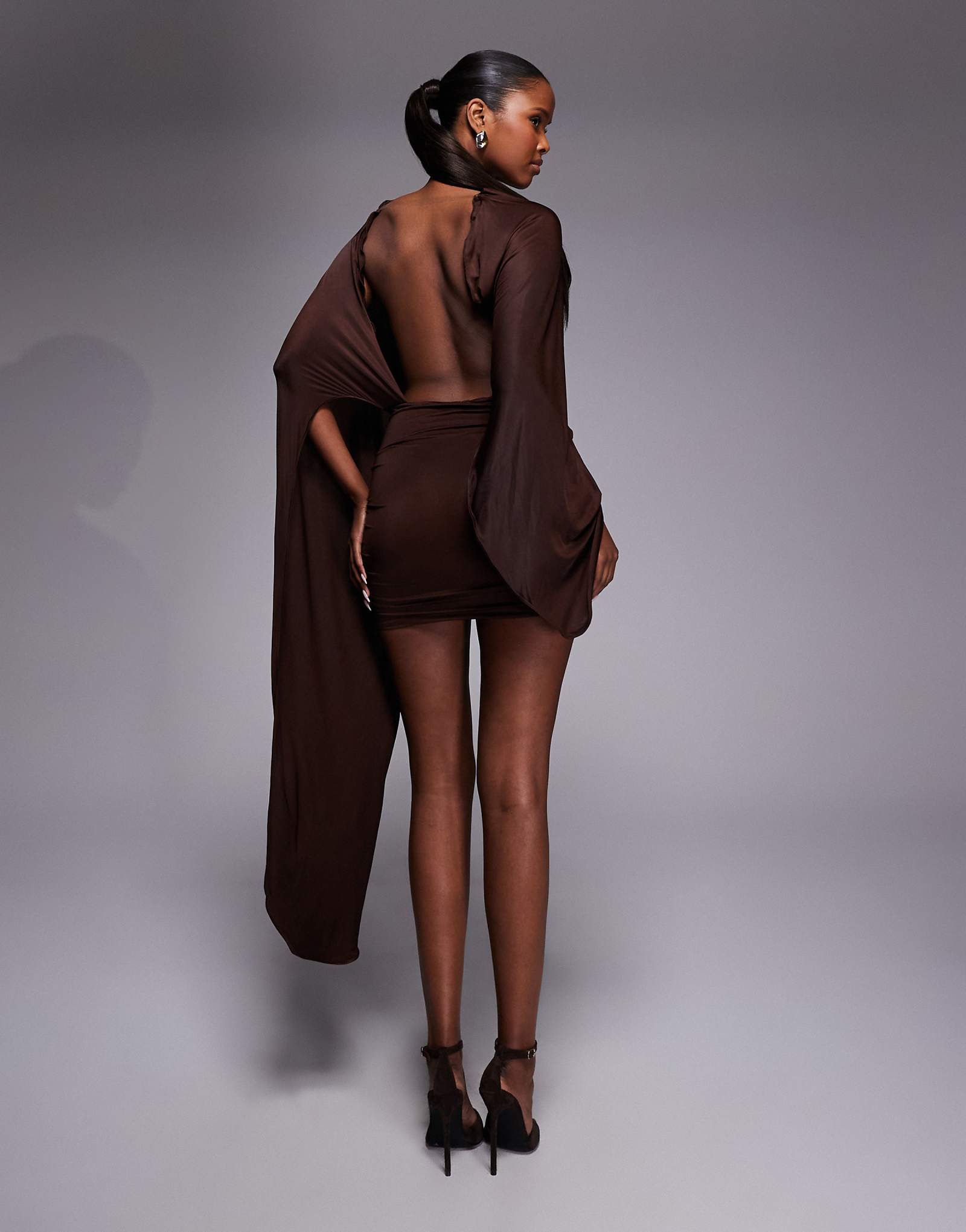 Oh Polly cape top drape mini dress in chocolate brown 16890₽