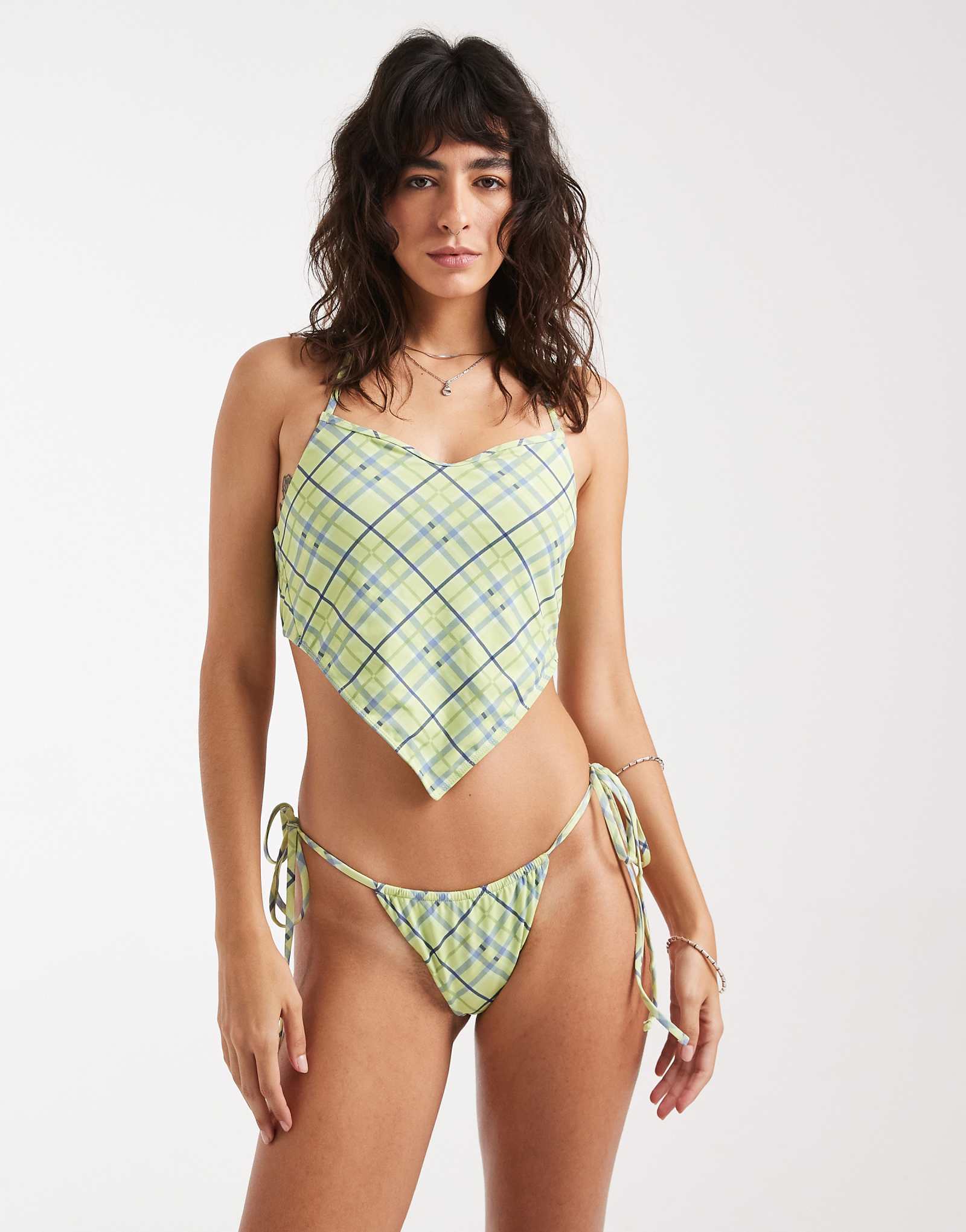 Daisy Street bandana bikini top and tie sides bottoms in blue and green plaid blue green plaid 10190₽