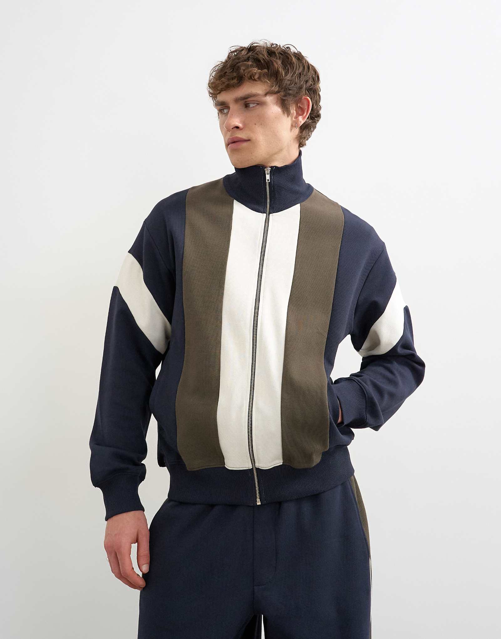 Topman classic fit panelled pique track top in navy navy 14490₽