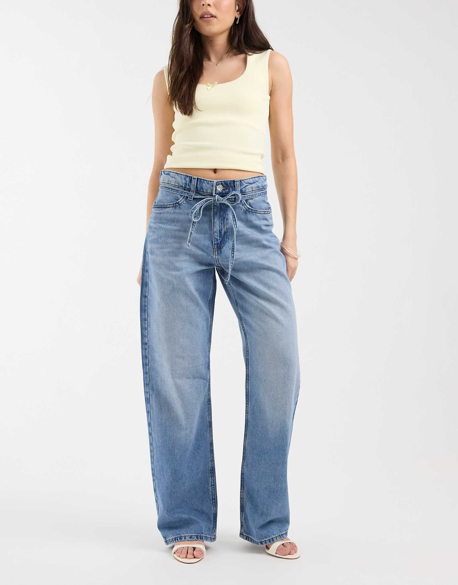 River Island tie detail waist wide leg jeans in medium denim medium denim 17390₽