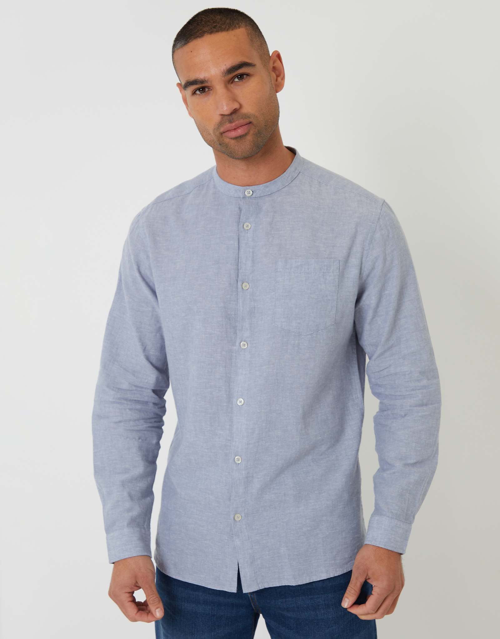 Threadbare long sleeve linen mix shirt with grandad collar in light blue blue 6790₽