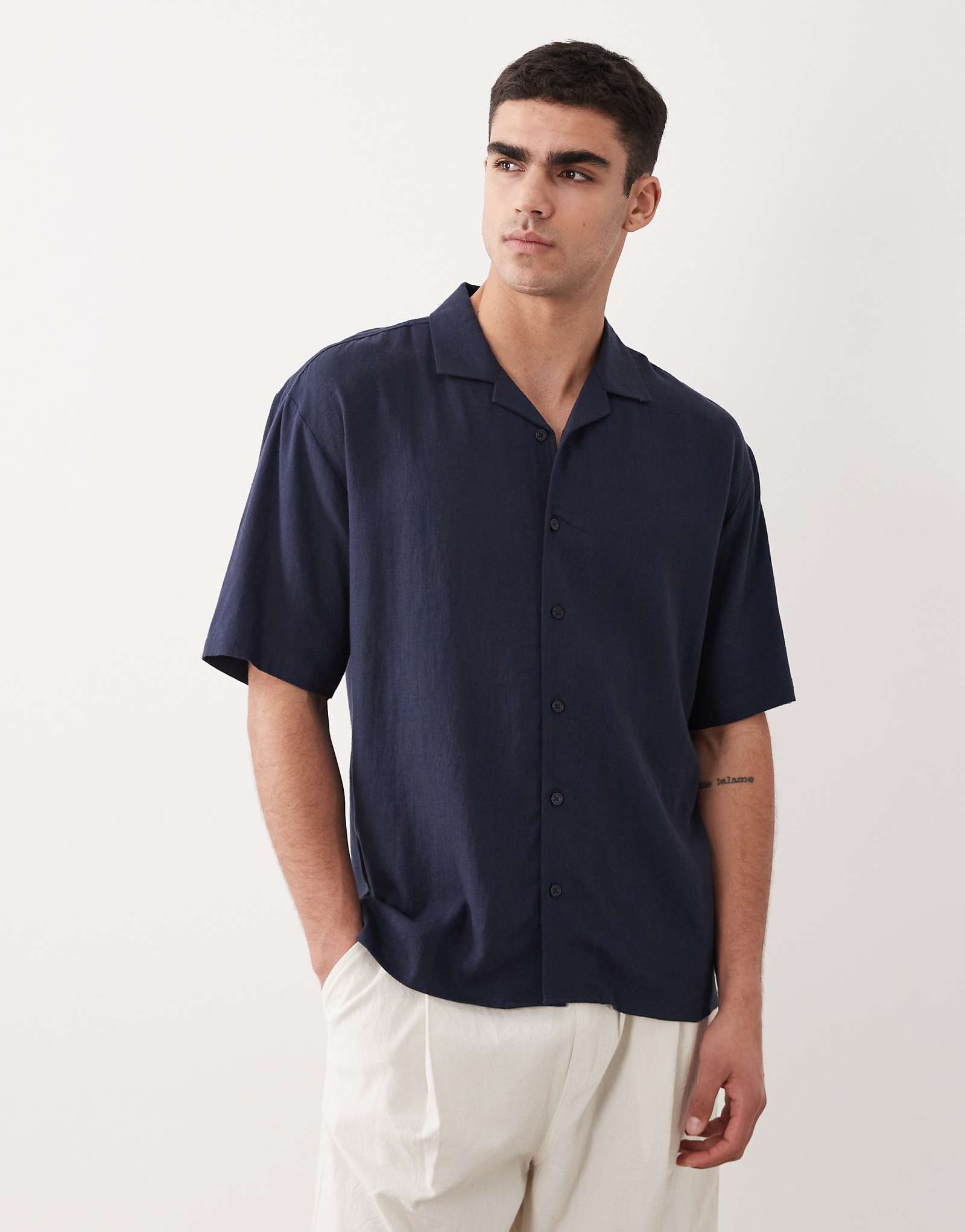 Threadbare relaxed fit linen mix short sleeve shirt in navy navy 6590₽