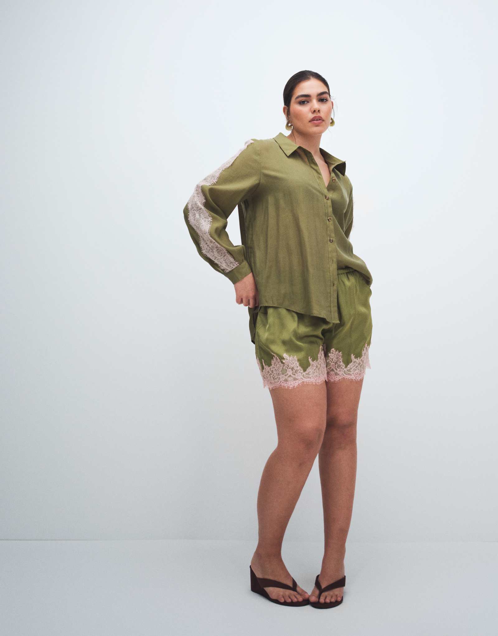Never Fully Dressed satin lace hem detail shorts in olive - part of a set olive 23790₽