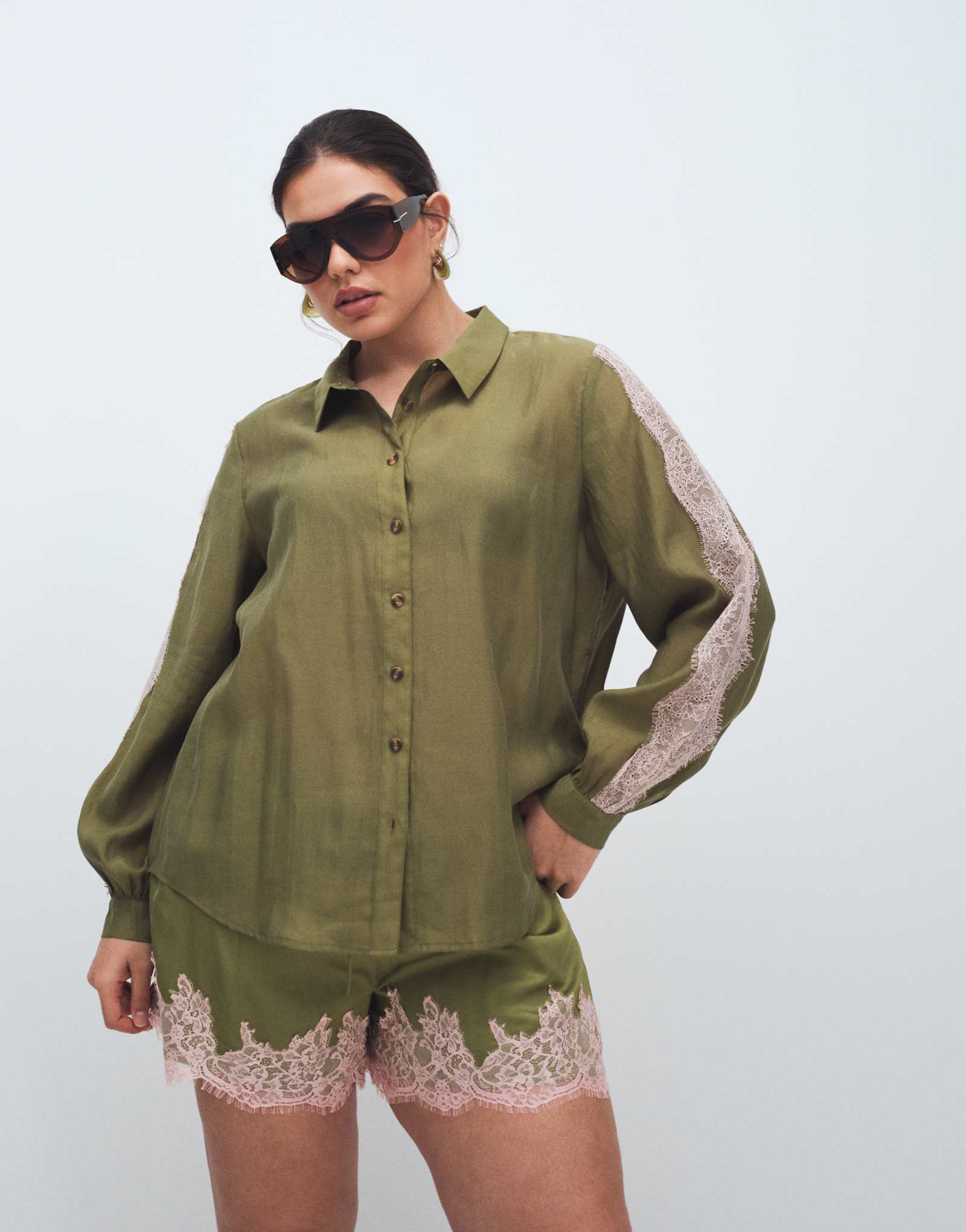 Never Fully Dressed satin lace detail button down shirt in olive - part of a set olive 34090₽