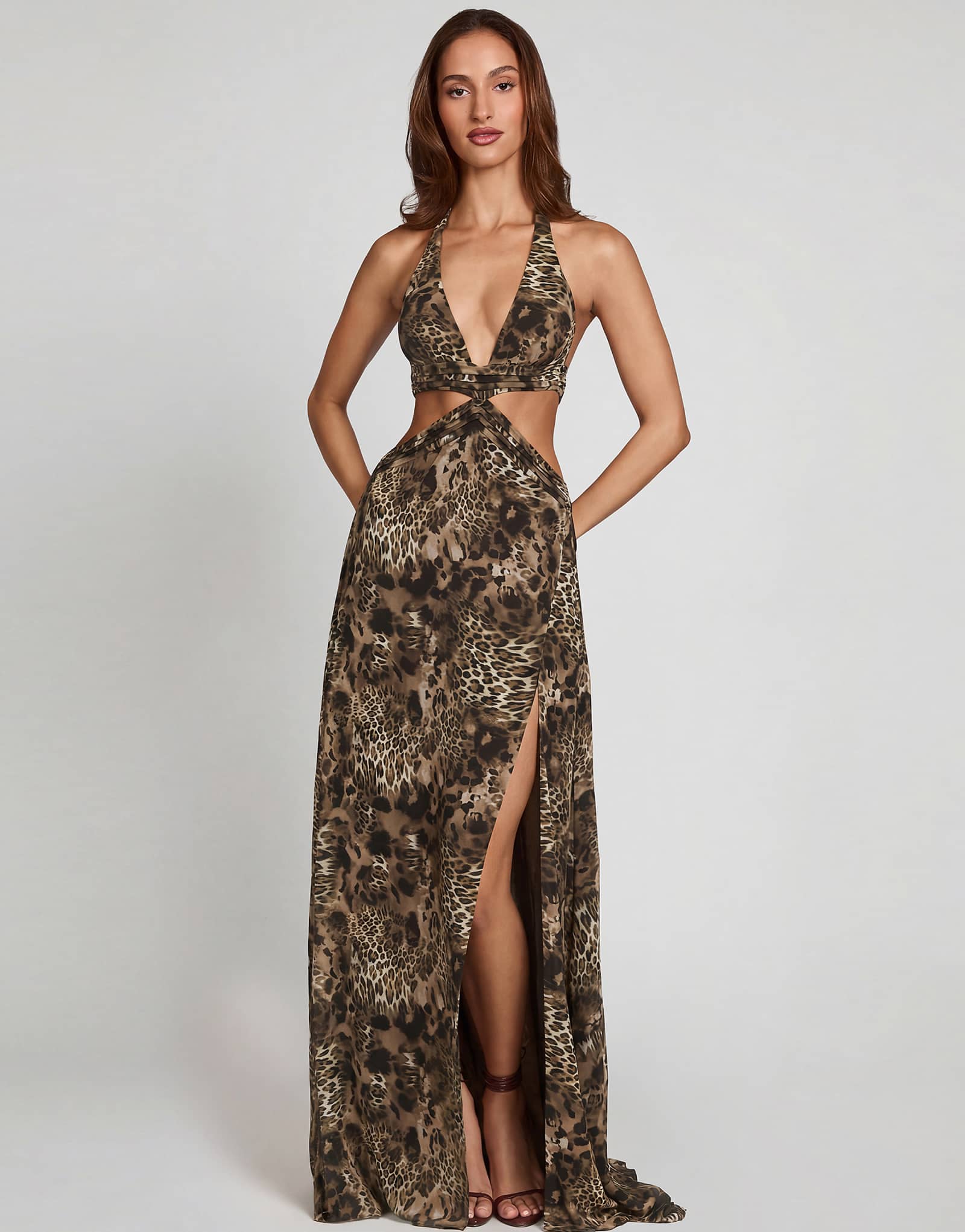 Oh Polly tie detail leg slit maxi dress in leopard multi 33690₽