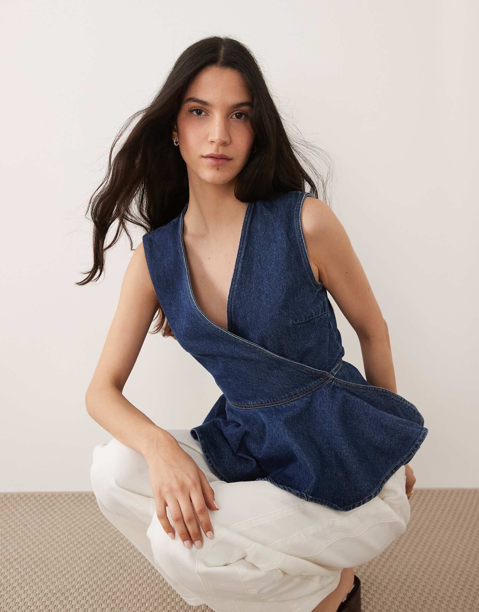 River Island peplum tie denim top in medium denim mid blue 16490₽