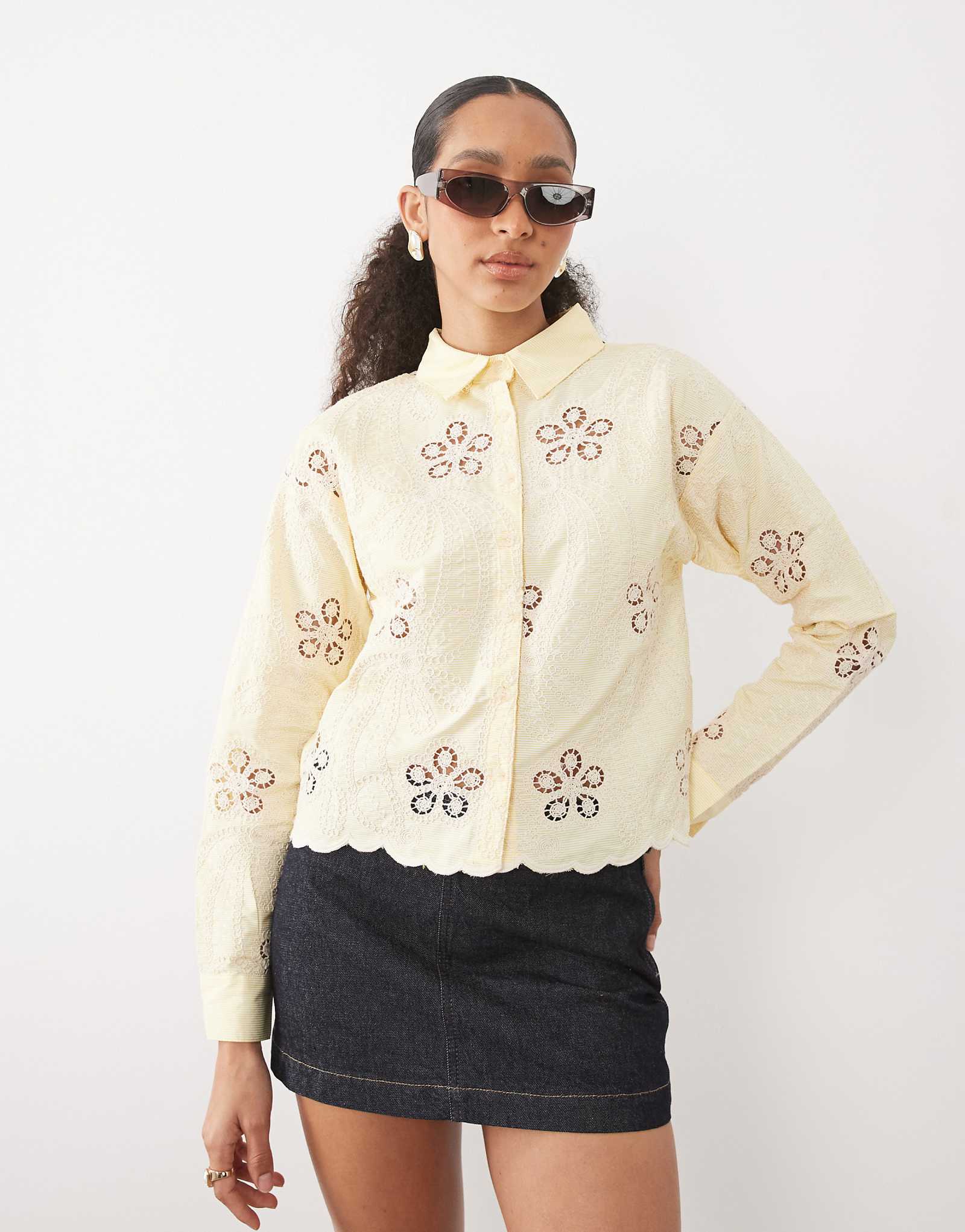 River Island lace cutwork shirt in yellow yellow 16490₽