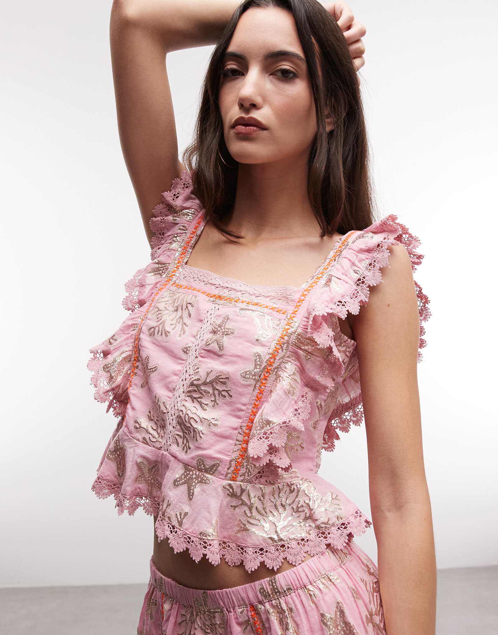 River Island sealife embroidered ruffle blouse in coral coral 14490₽