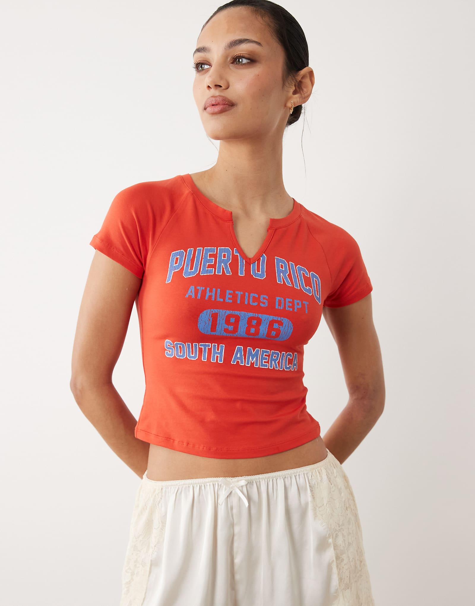 ASOS DESIGN ribbed baby tee with Puerto Rico athletics graphic in red red 5790₽