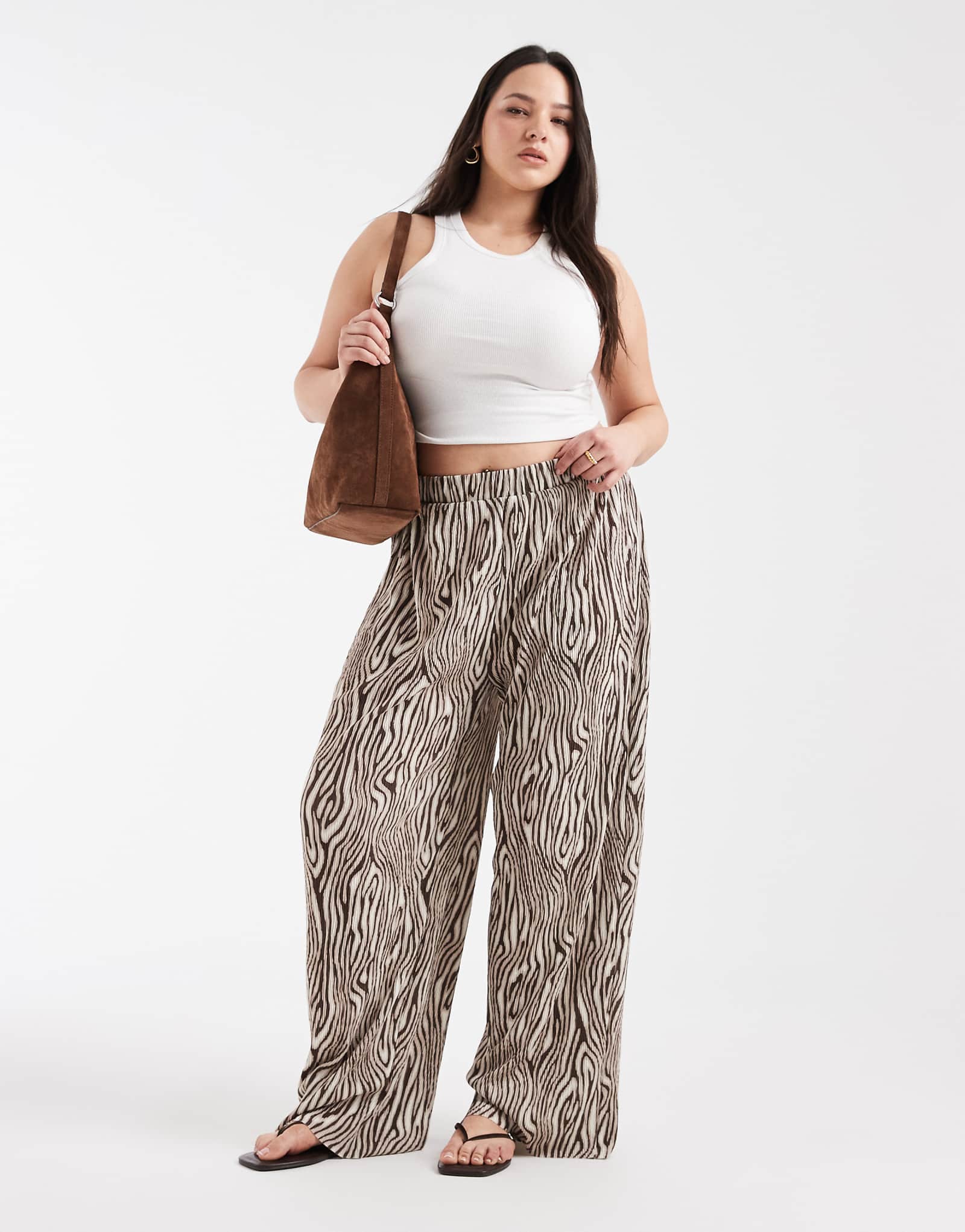 PIECES Curve wide leg plisse pants in brown animal print coffee quartz