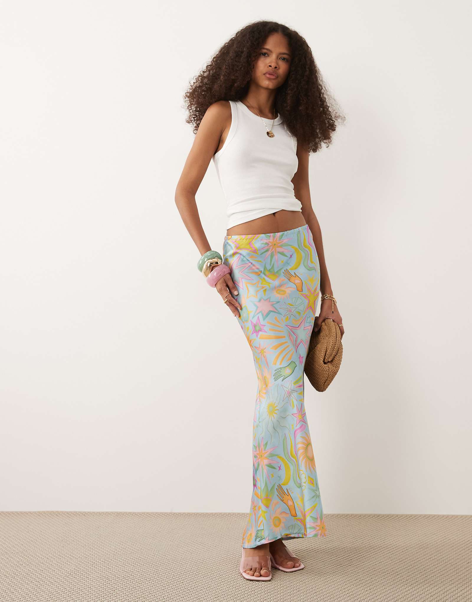 Never Fully Dressed Dorris satin maxi skirt in pastel star print multi 27090₽
