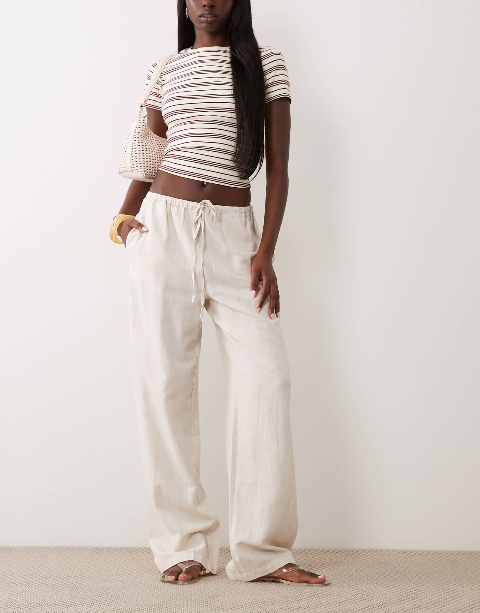 VILA linen blend tie waist wide leg pants in super light natural melange natural melange 13390₽