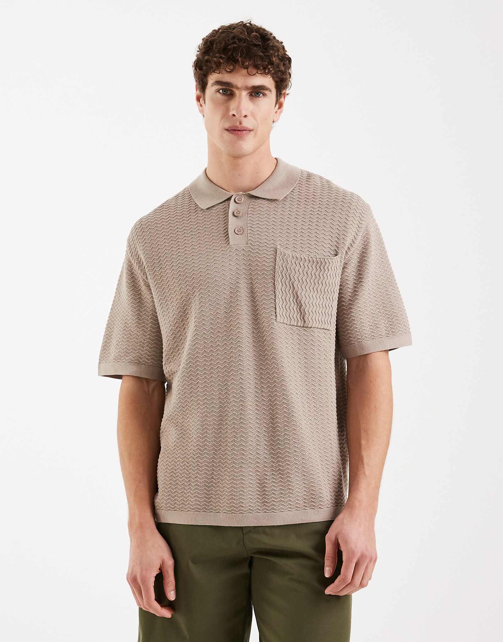 Redefined Rebel Fernando boxy fit short sleeve textured polo shirt in beige beige