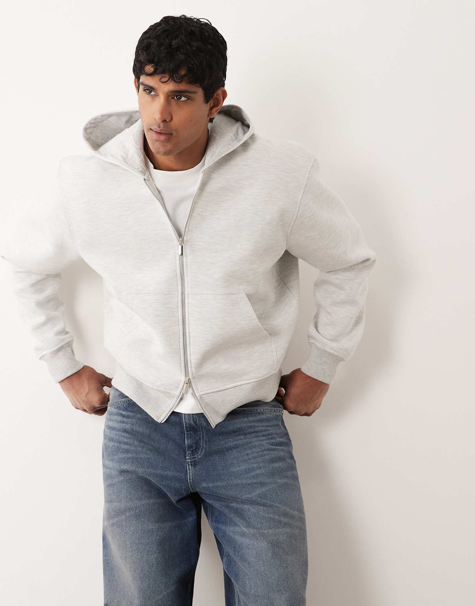 ASOS DESIGN heavyweight relaxed boxy zip up in scuba-style fabric in ice heather ice marl 13590₽