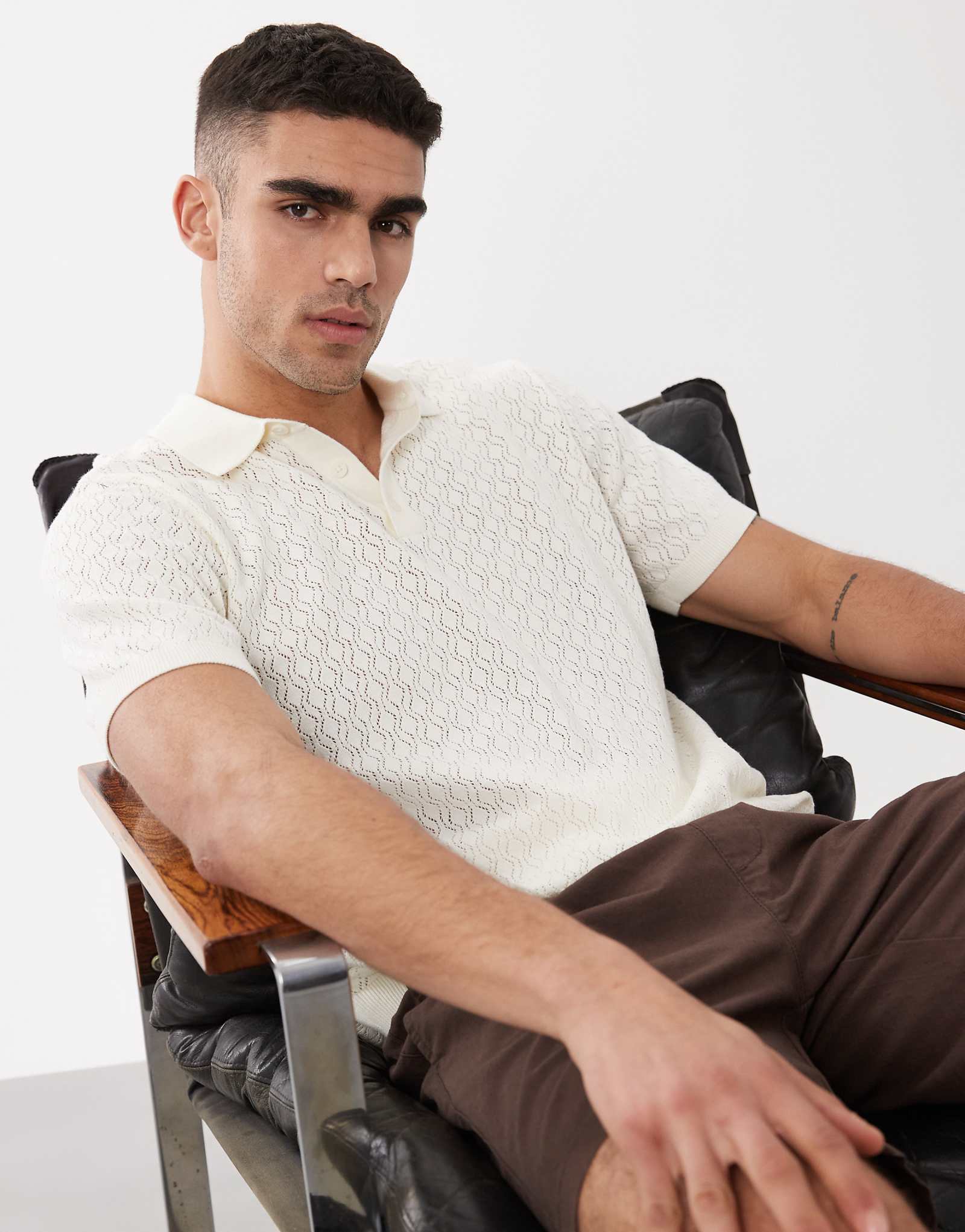 Threadbare open knit short sleeve polo top in ecru ecru 5390₽