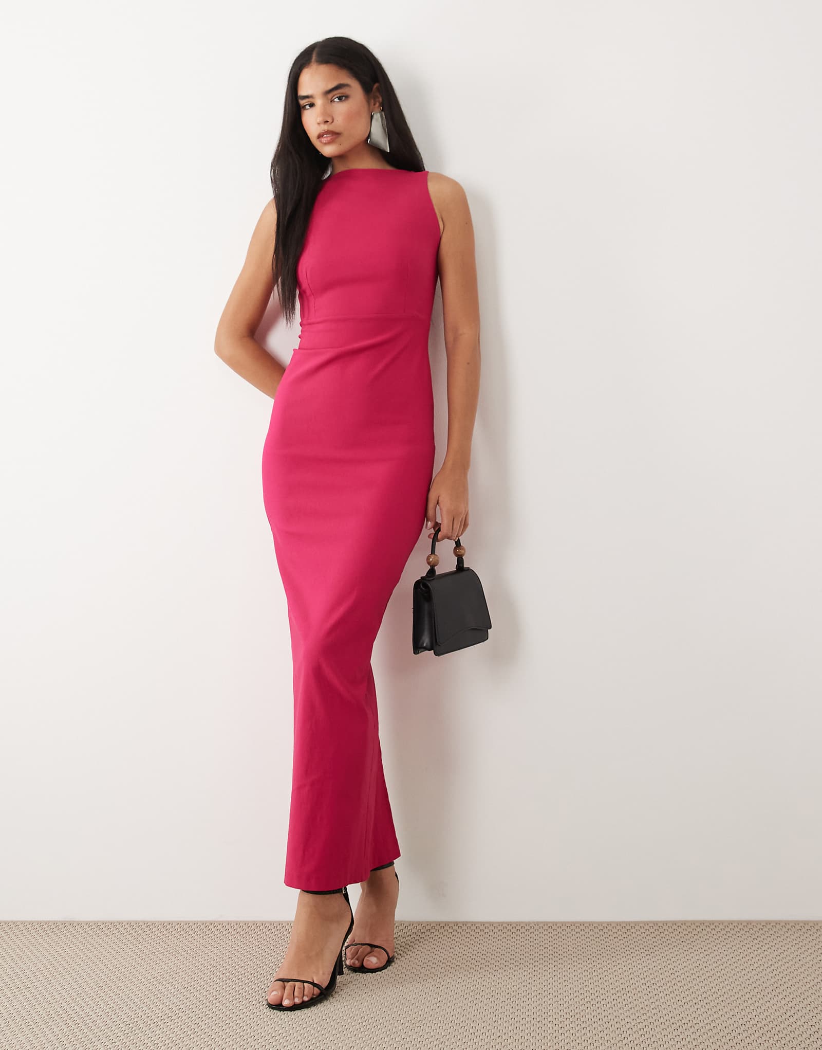 Vesper bengaline open back high neck maxi dress in hot pink cerise 25590₽