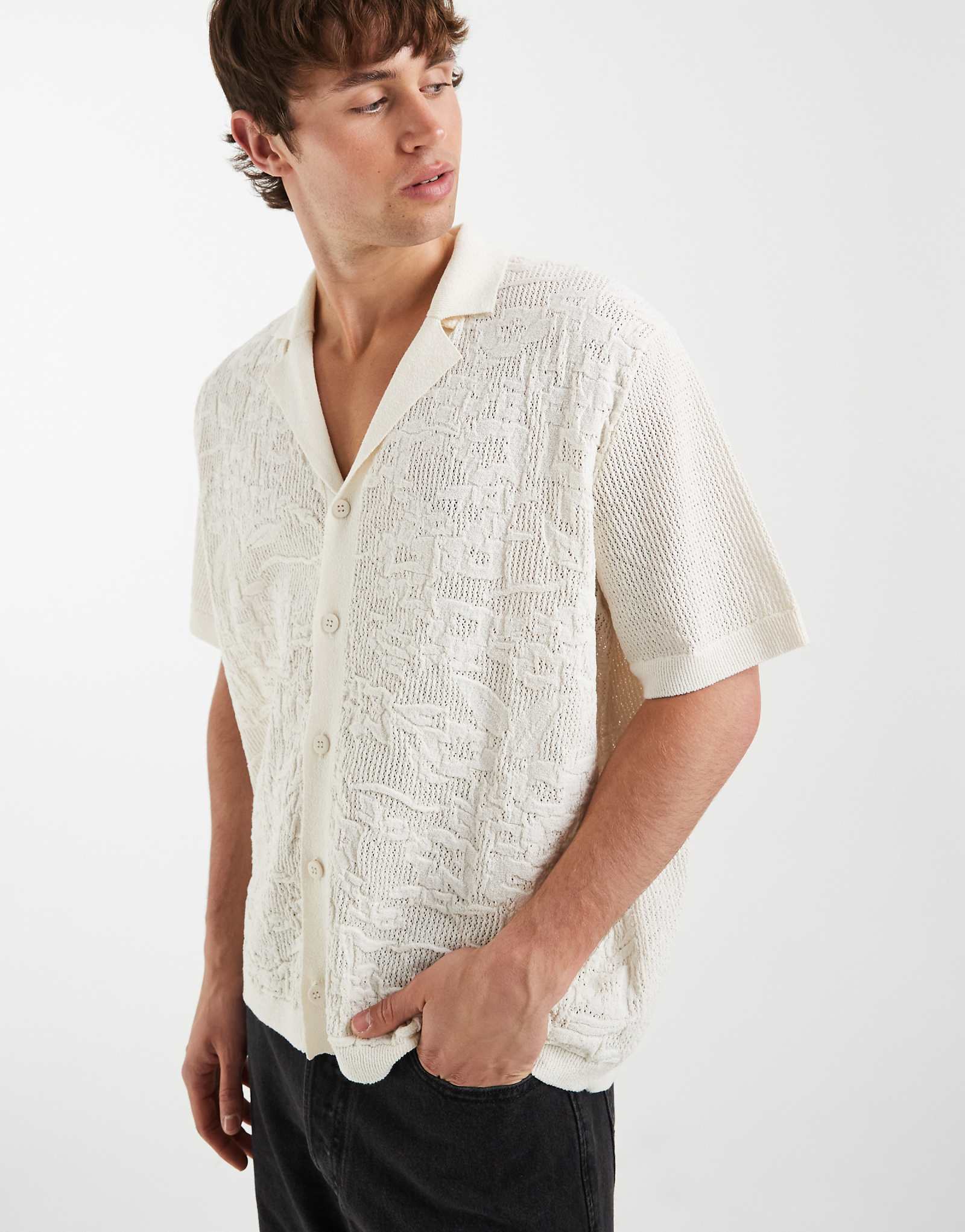 ASOS DESIGN relaxed knit button down polo shirt in floral texture ecru 9690₽