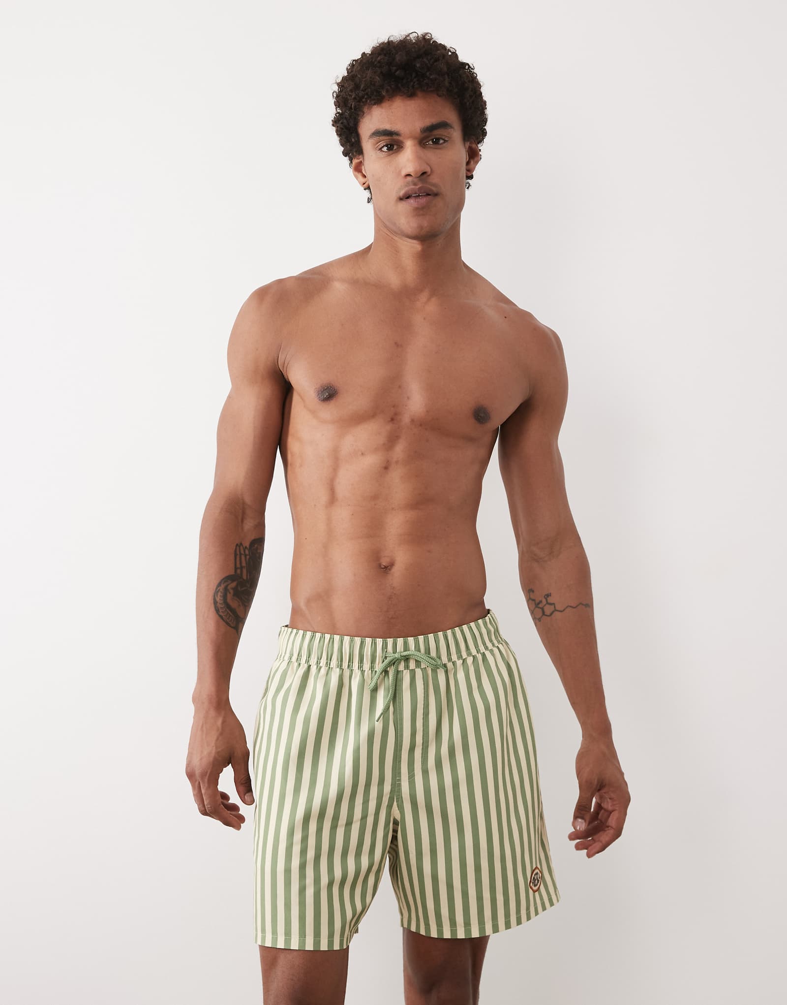 ASOS DESIGN swim shorts in mid length in yellow and green stripes with badge embroidery yellow 5790₽