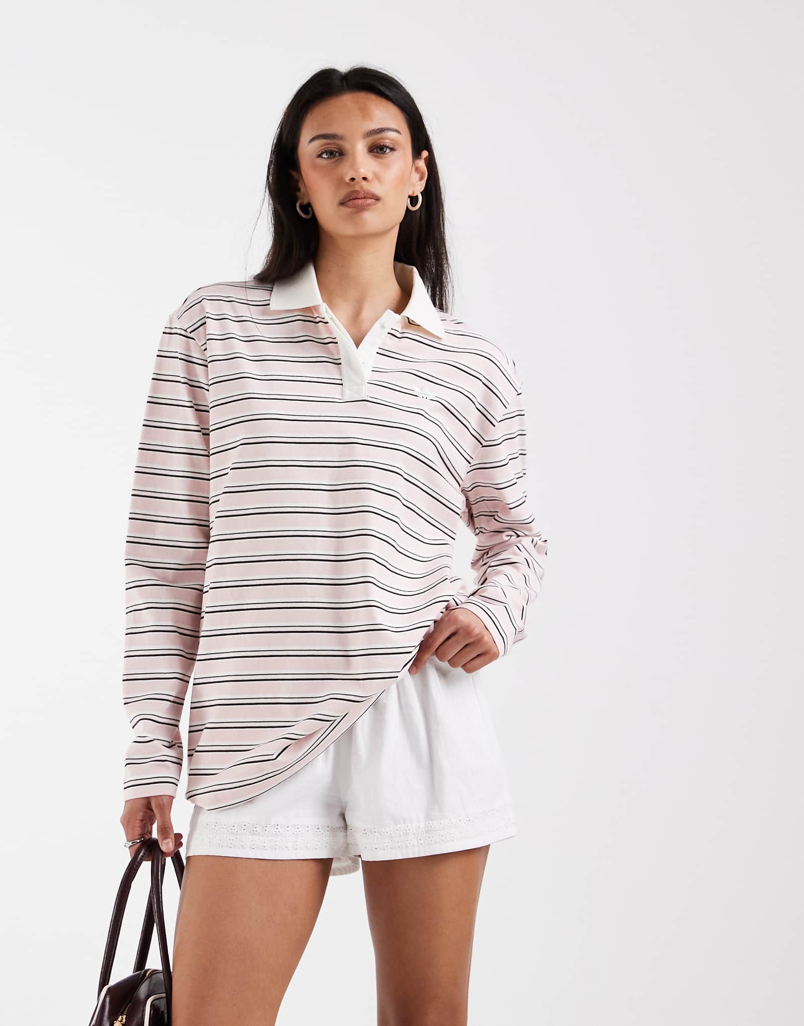 Adidas Originals striped oversized long sleeve polo in pink and white pink 9690₽