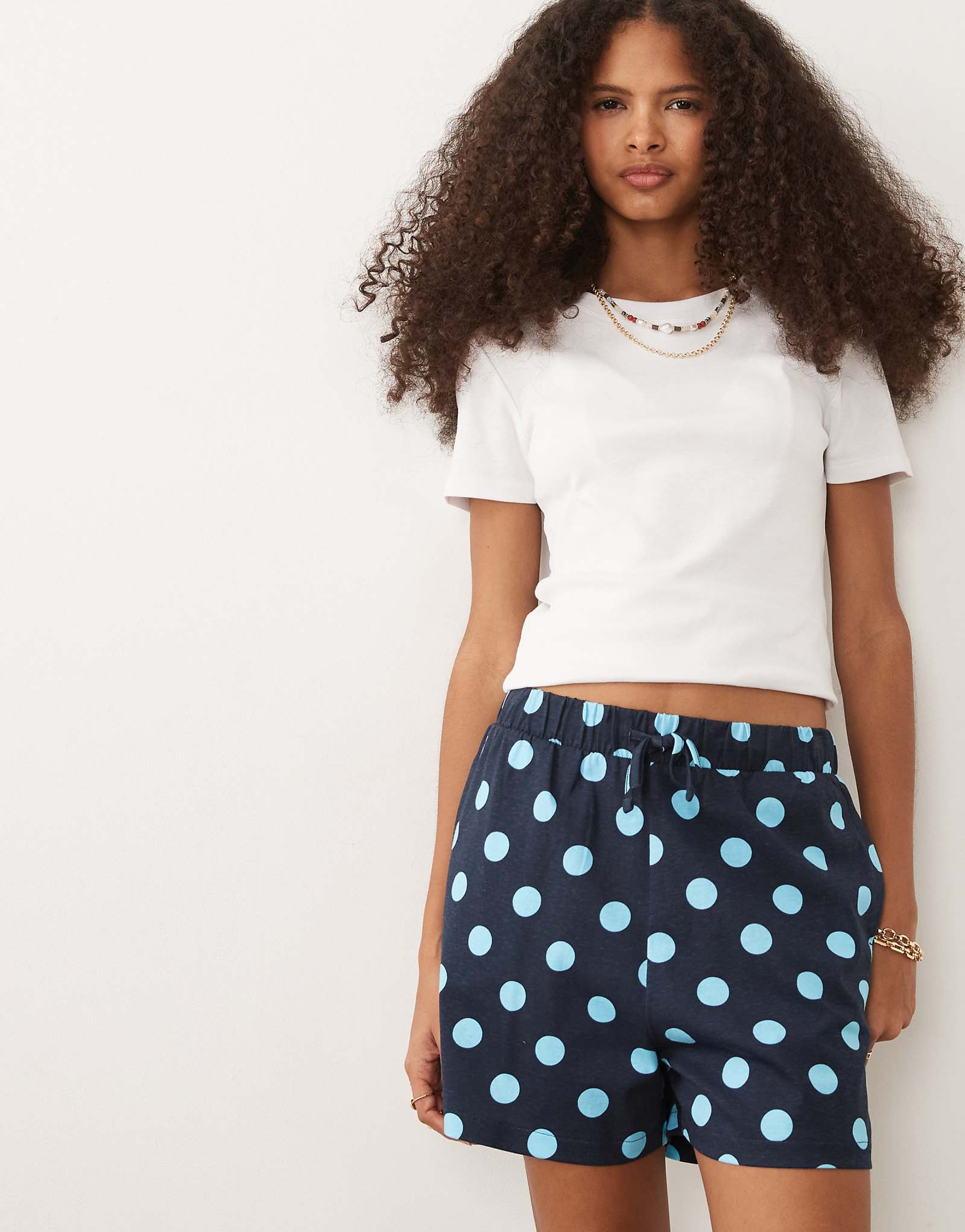 Threadbare jersey pull on shorts with drawstring in navy and blue polka dot print navy 4490₽