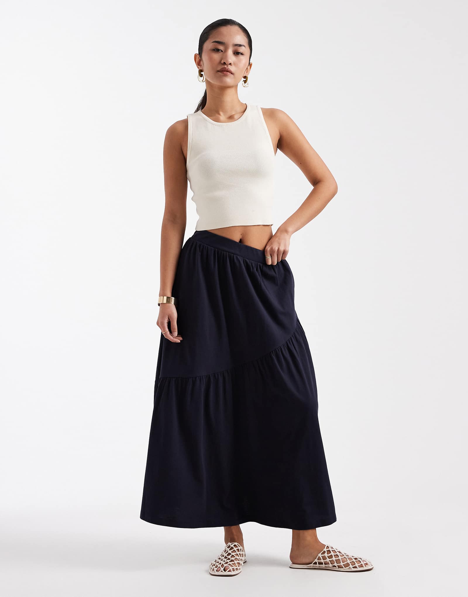 Threadbare jersey midi skirt with asymmetric tier in navy navy 5990₽