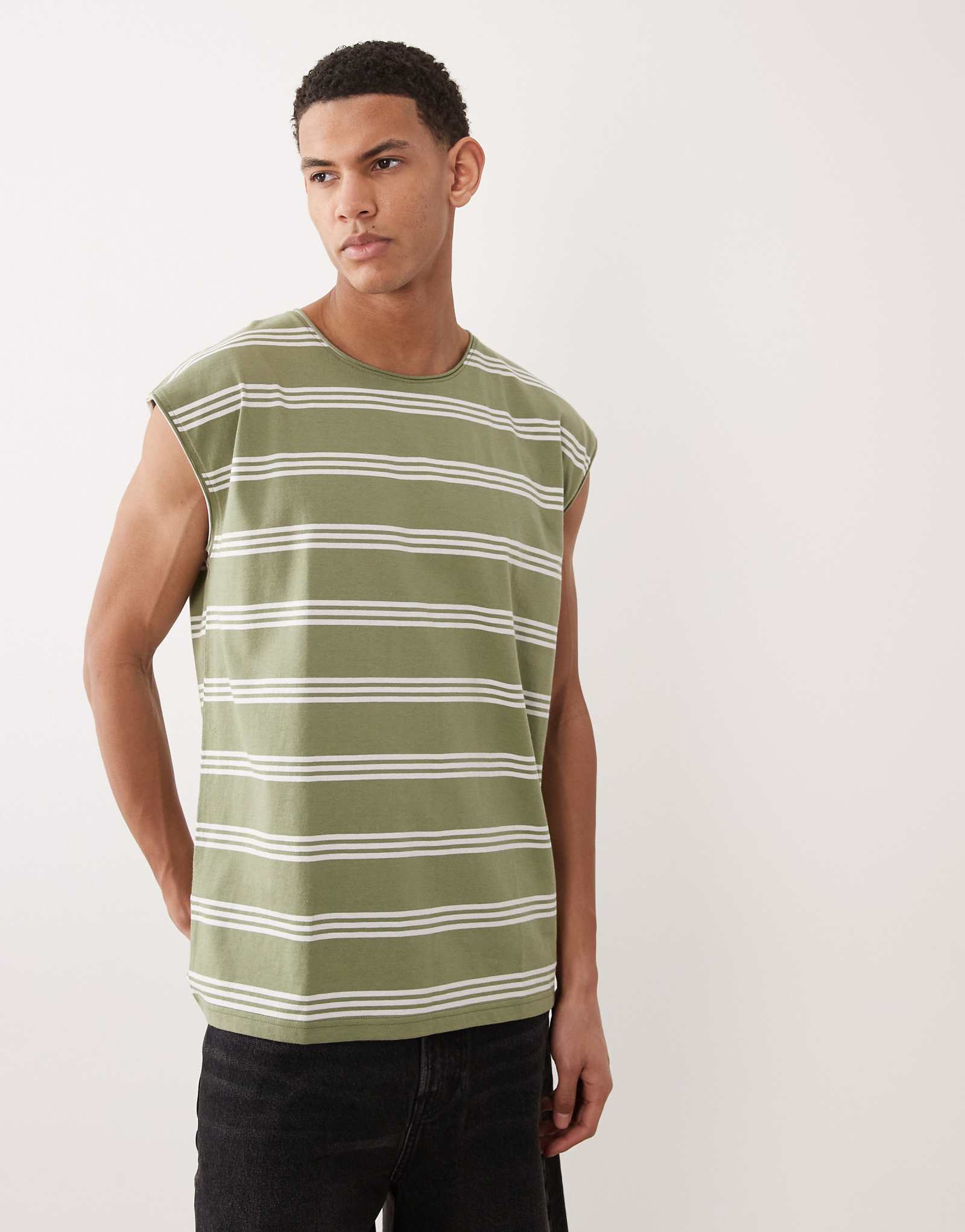 Brave Soul oversized tank in sage green -amp white stripe green stripe 4790₽