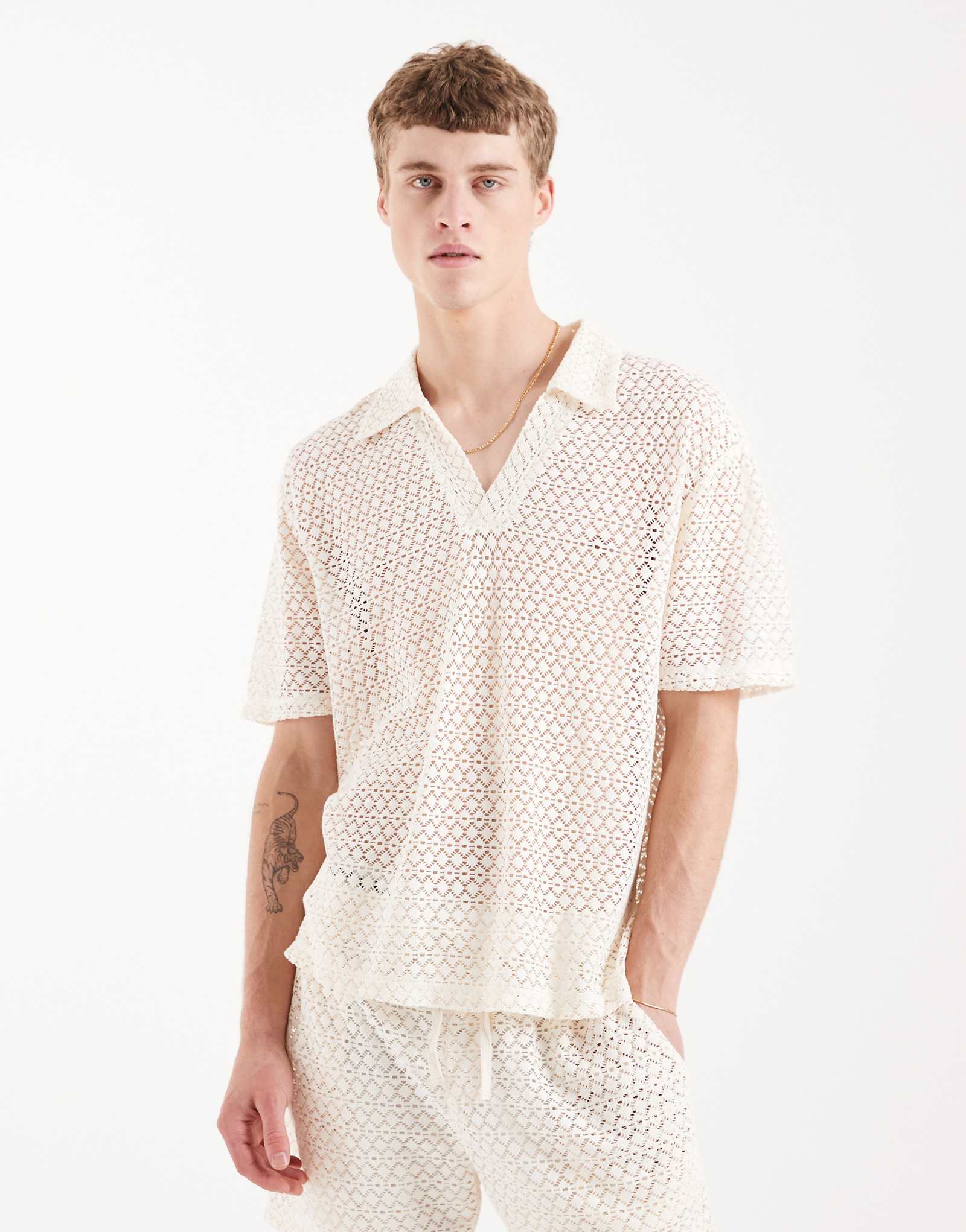 Aray crochet knit polo top in white white