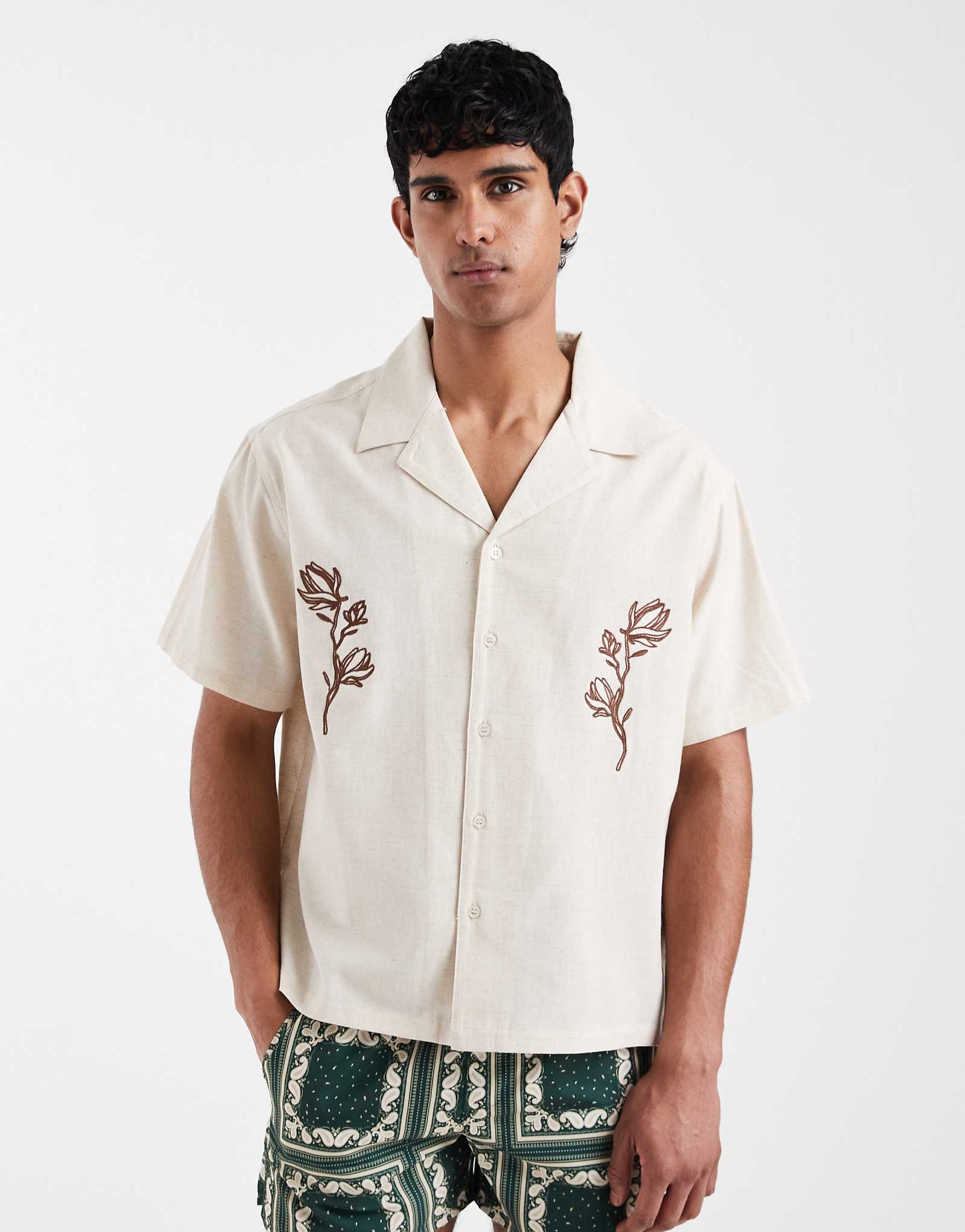 Aray embroidered camp collar beach shirt in beige beige