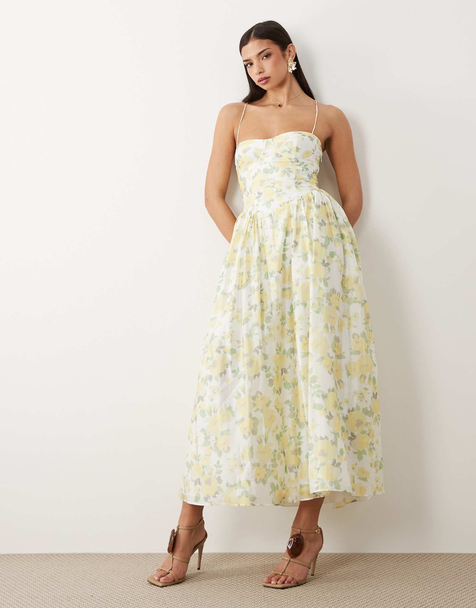 Bardot Estie cotton cami corset detail maxi dress in yellow floral yellow floral 55290₽