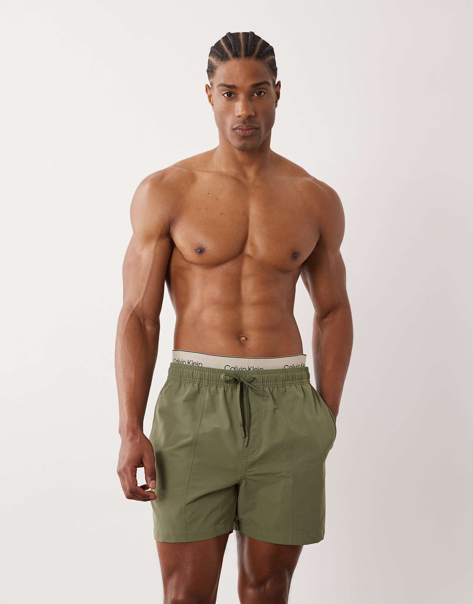 Calvin Klein logo waistband drawstring swim shorts in green deep lichen green 14690₽