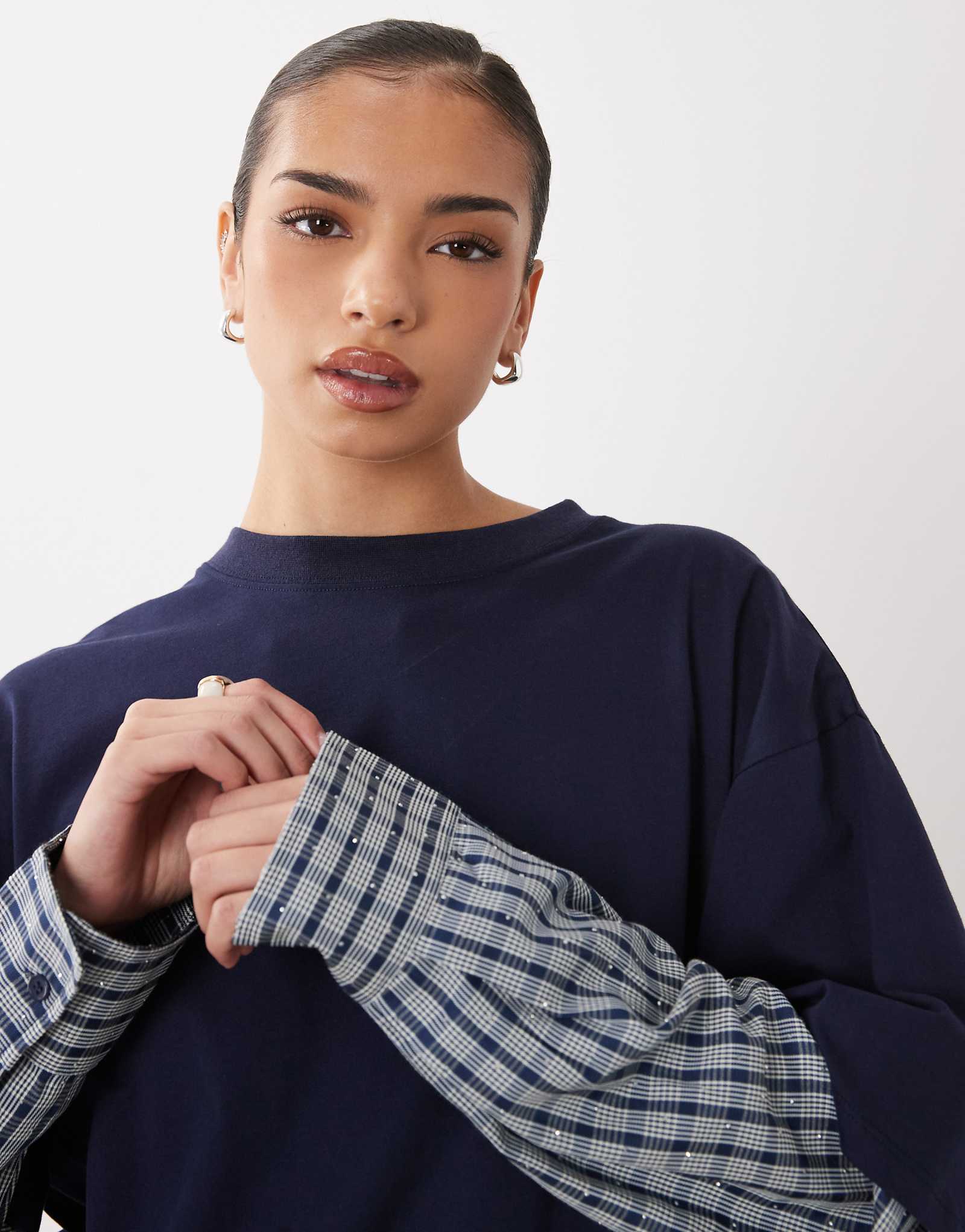 Lioness 2 in 1 oversized diamante detail T-shirt overlay and striped long sleeve shirt in navy stripe navy 18590₽