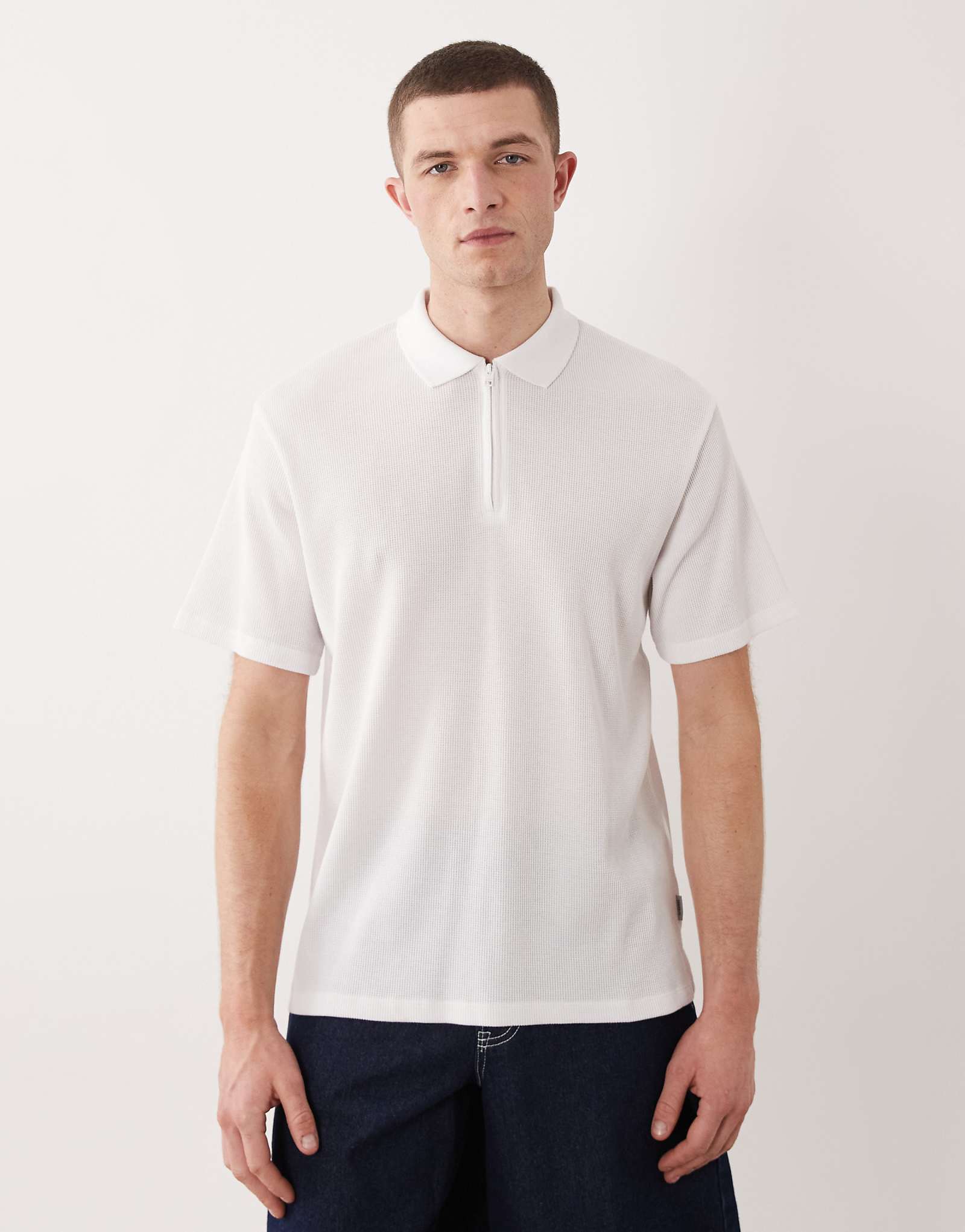JJ Rebel waffle knit quarter zip polo shirt in white bright white 3890₽