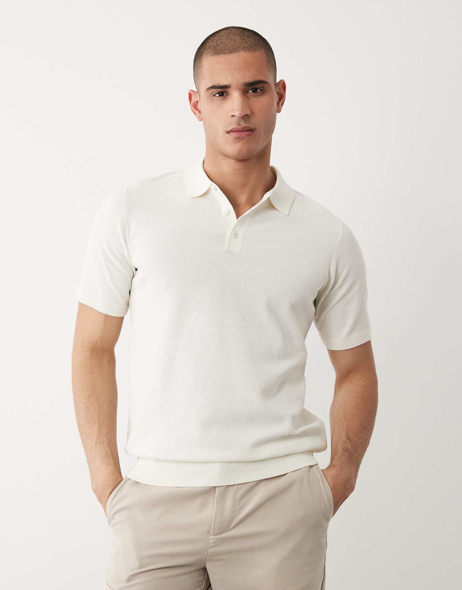 Threadbare knit short sleeve polo top in ecru ecru 5390₽